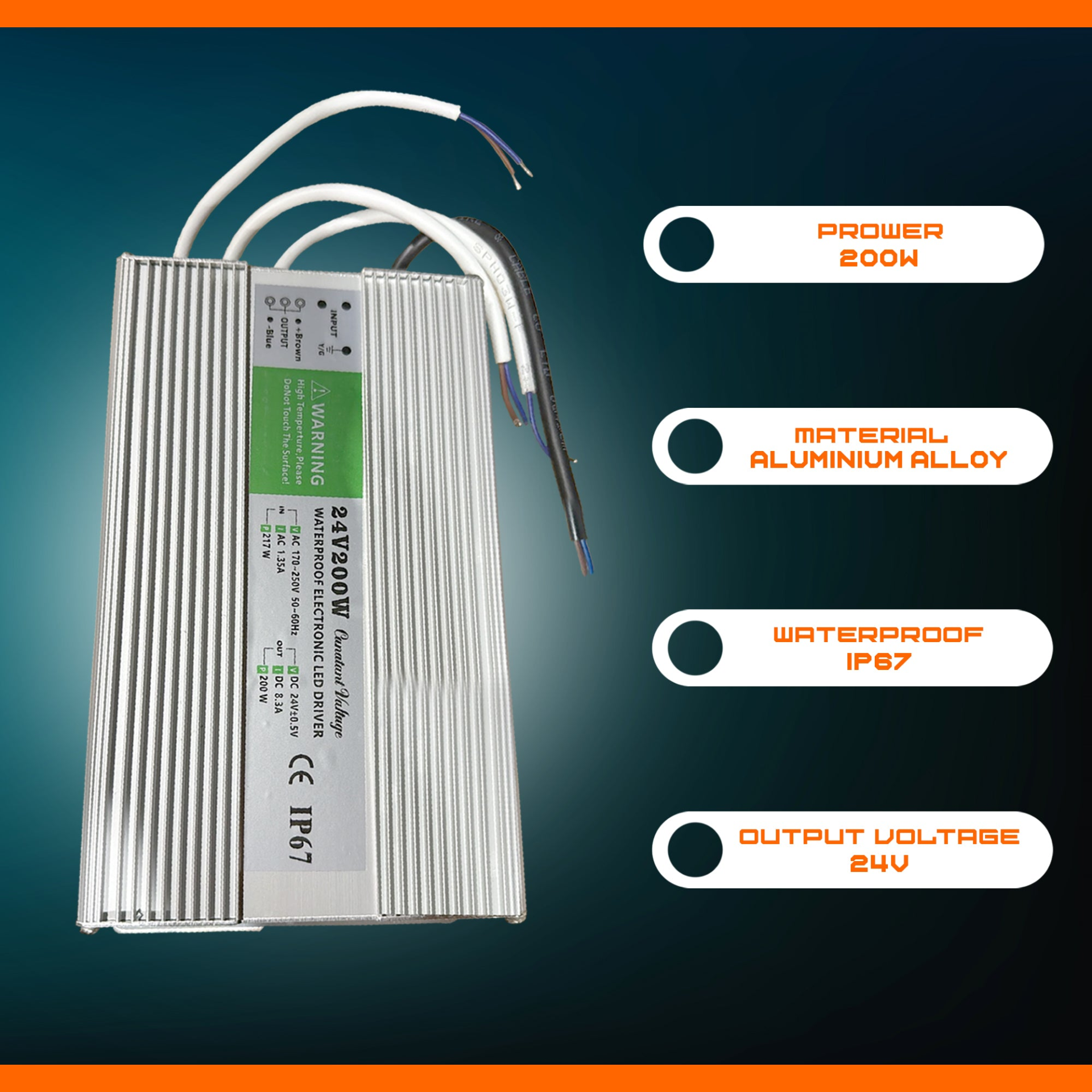 DC24V IP67 200W Waterproof LED Driver Power Supply Transformer~1226