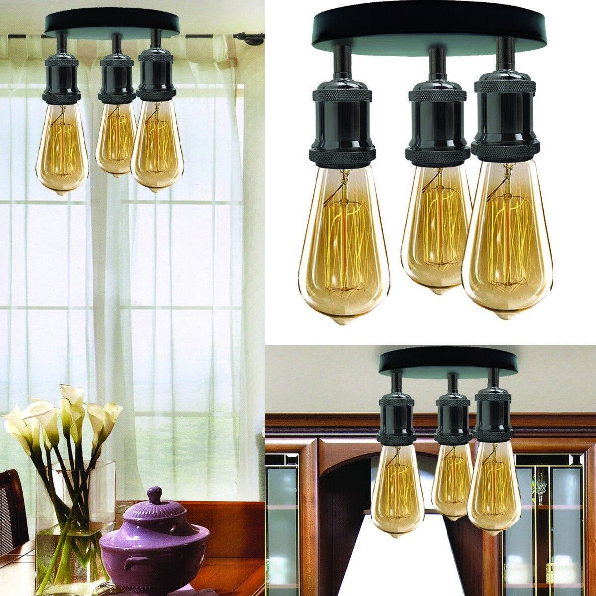 A+ Modern Black Metal Semi Flush Shiny Black 3 way ceiling light Fitting Dining Room Lights~3718