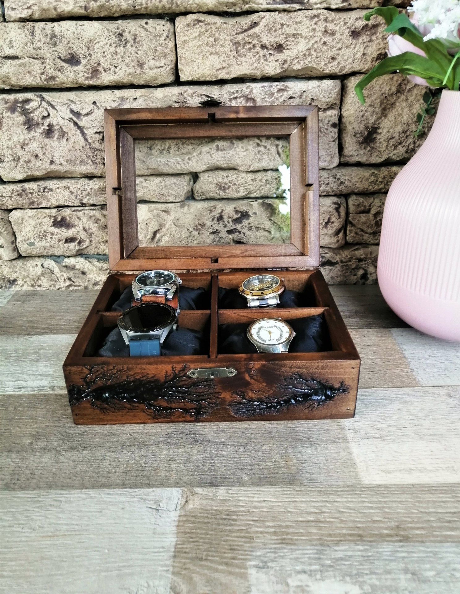 Luxury Watch Box Lichtenberg Figure, Display Watch Organizer 4 Compartments, Men's Unique Gifts