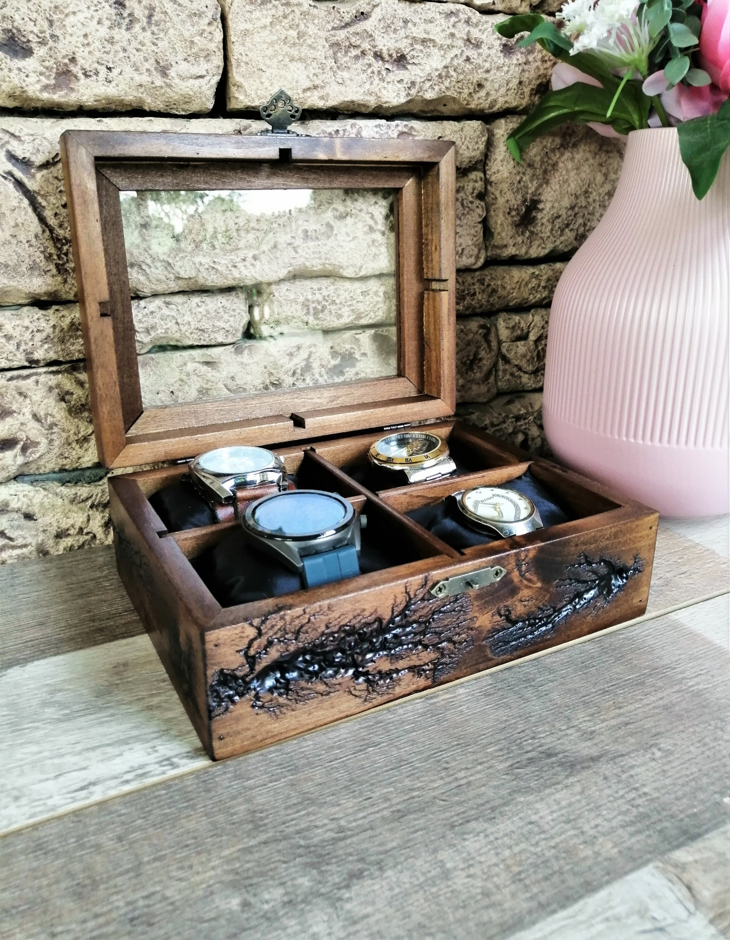 Luxury Watch Box Lichtenberg Figure, Display Watch Organizer 4 Compartments, Men's Unique Gifts