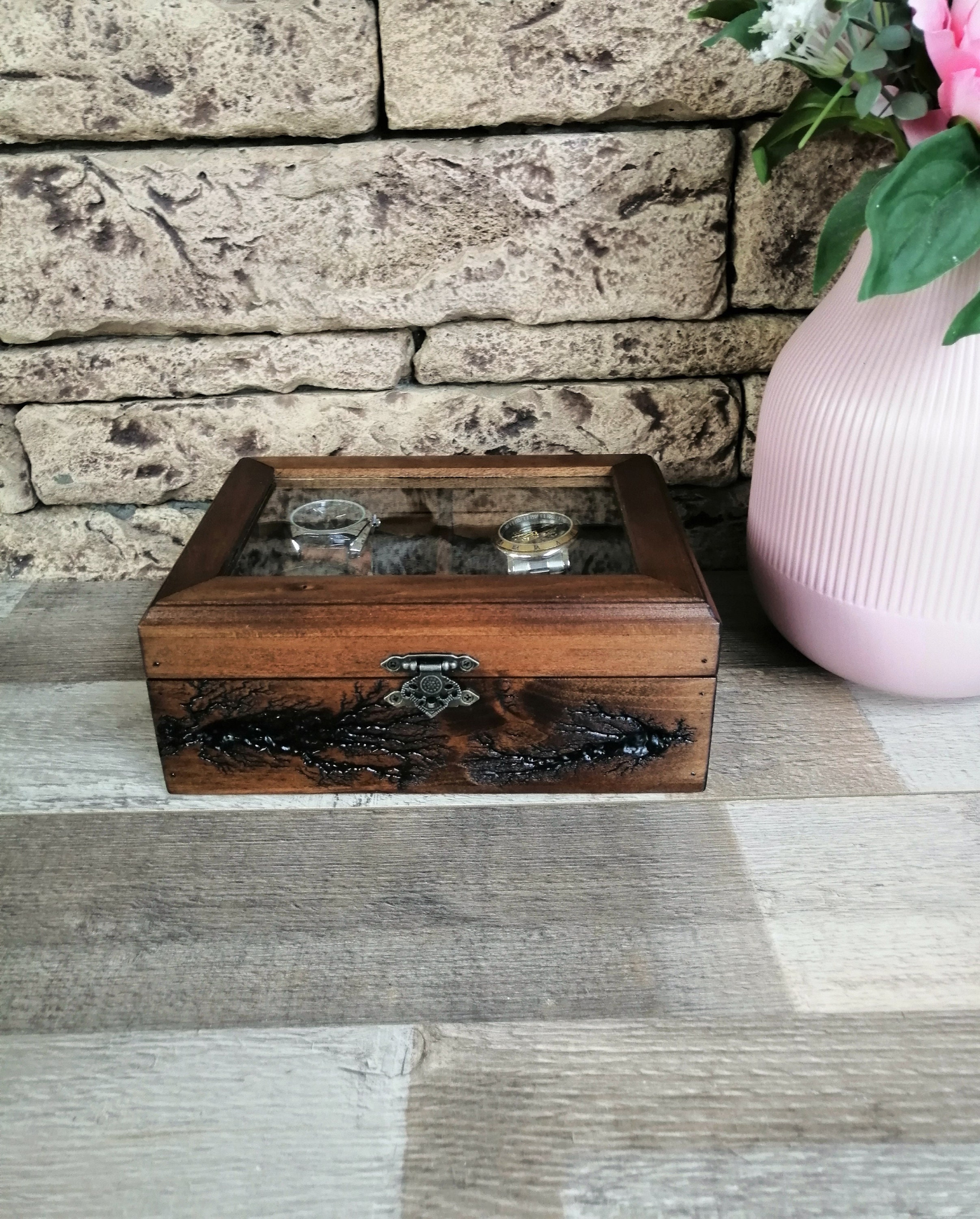 Luxury Watch Box Lichtenberg Figure, Display Watch Organizer 4 Compartments, Men's Unique Gifts