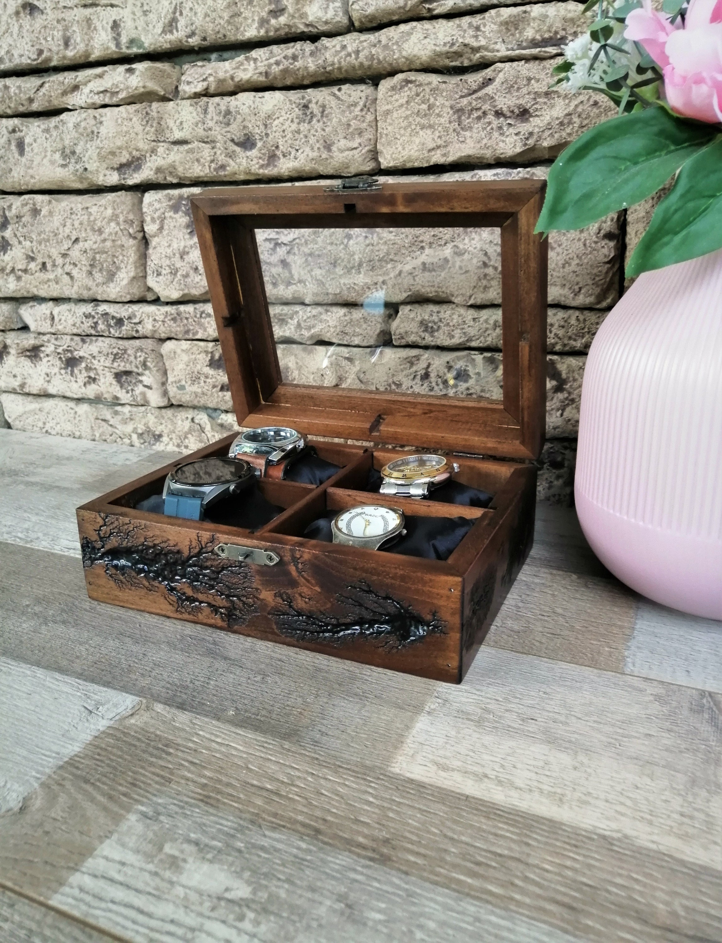 Luxury Watch Box Lichtenberg Figure, Display Watch Organizer 4 Compartments, Men's Unique Gifts