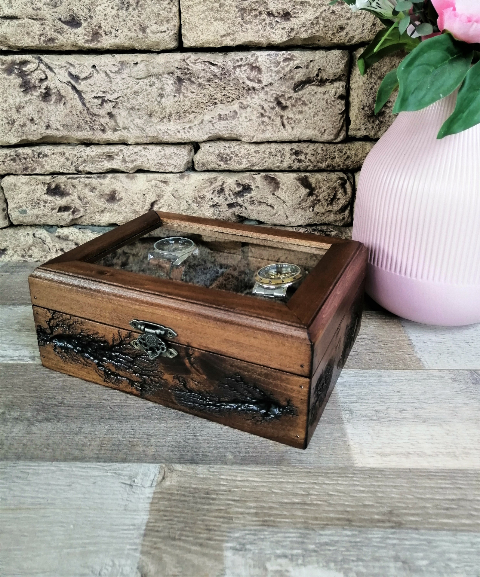 Luxury Watch Box Lichtenberg Figure, Display Watch Organizer 4 Compartments, Men's Unique Gifts