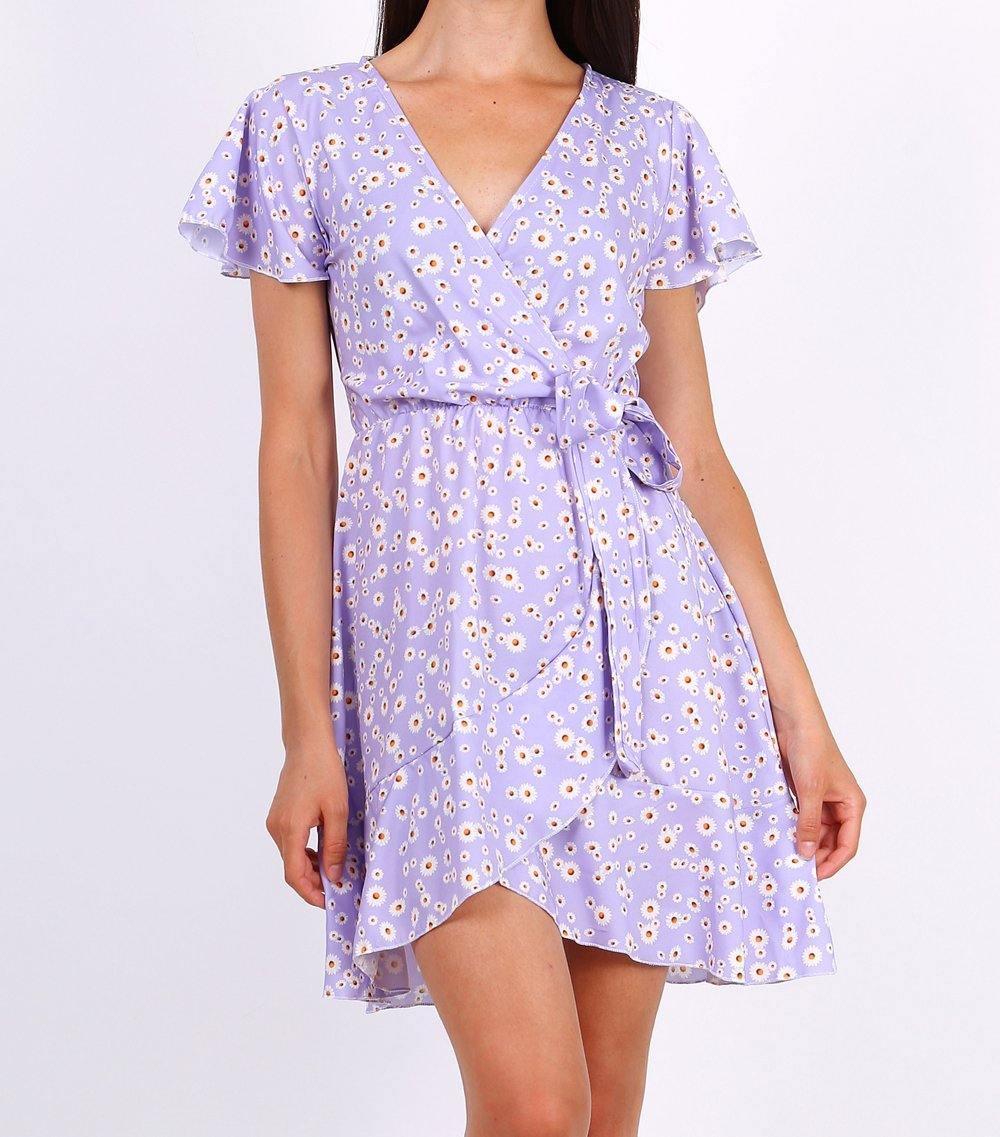 Summer Mini Wrap Dress With Frill Hem In Ditsy Floral Print