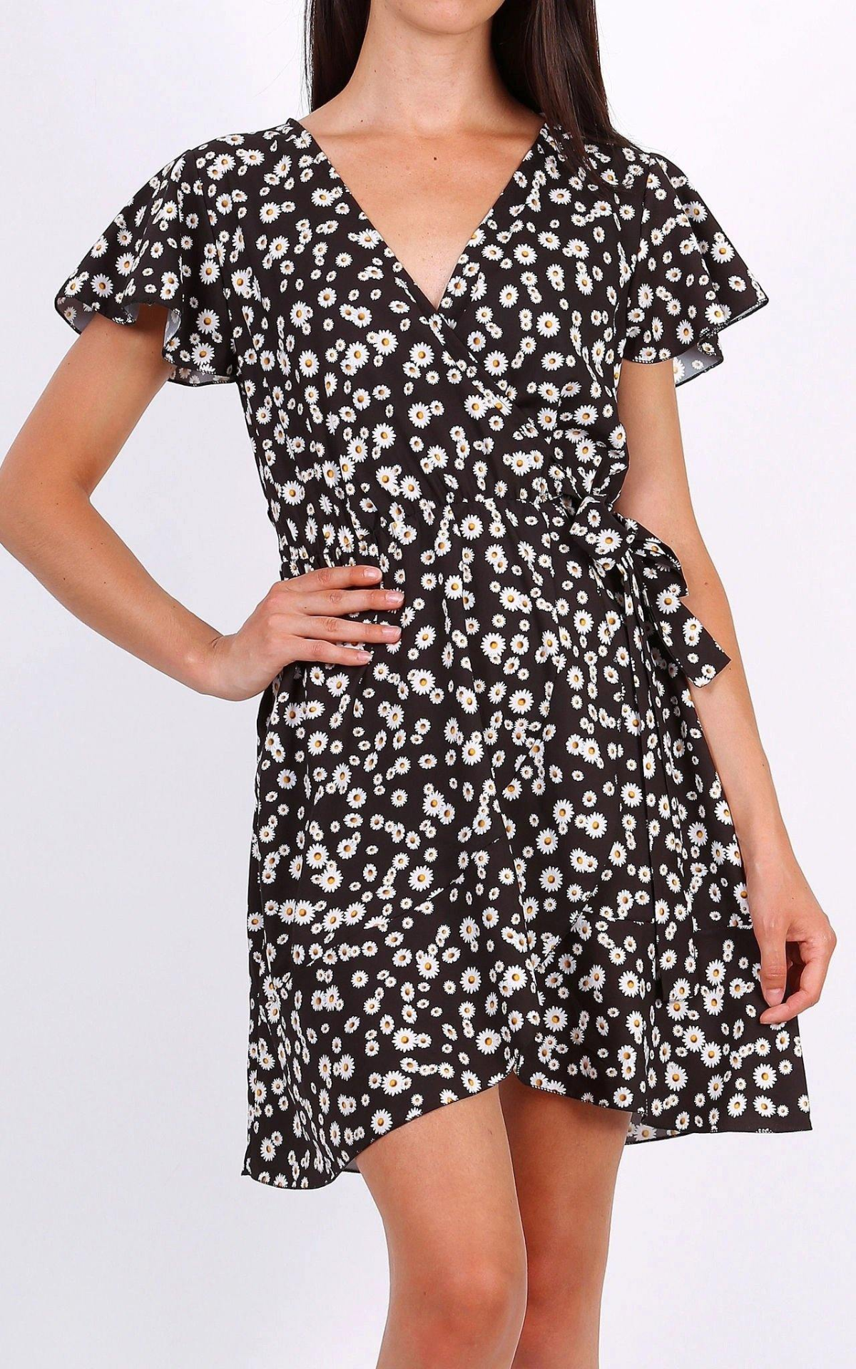 Summer Mini Wrap Dress With Frill Hem In Ditsy Floral Print