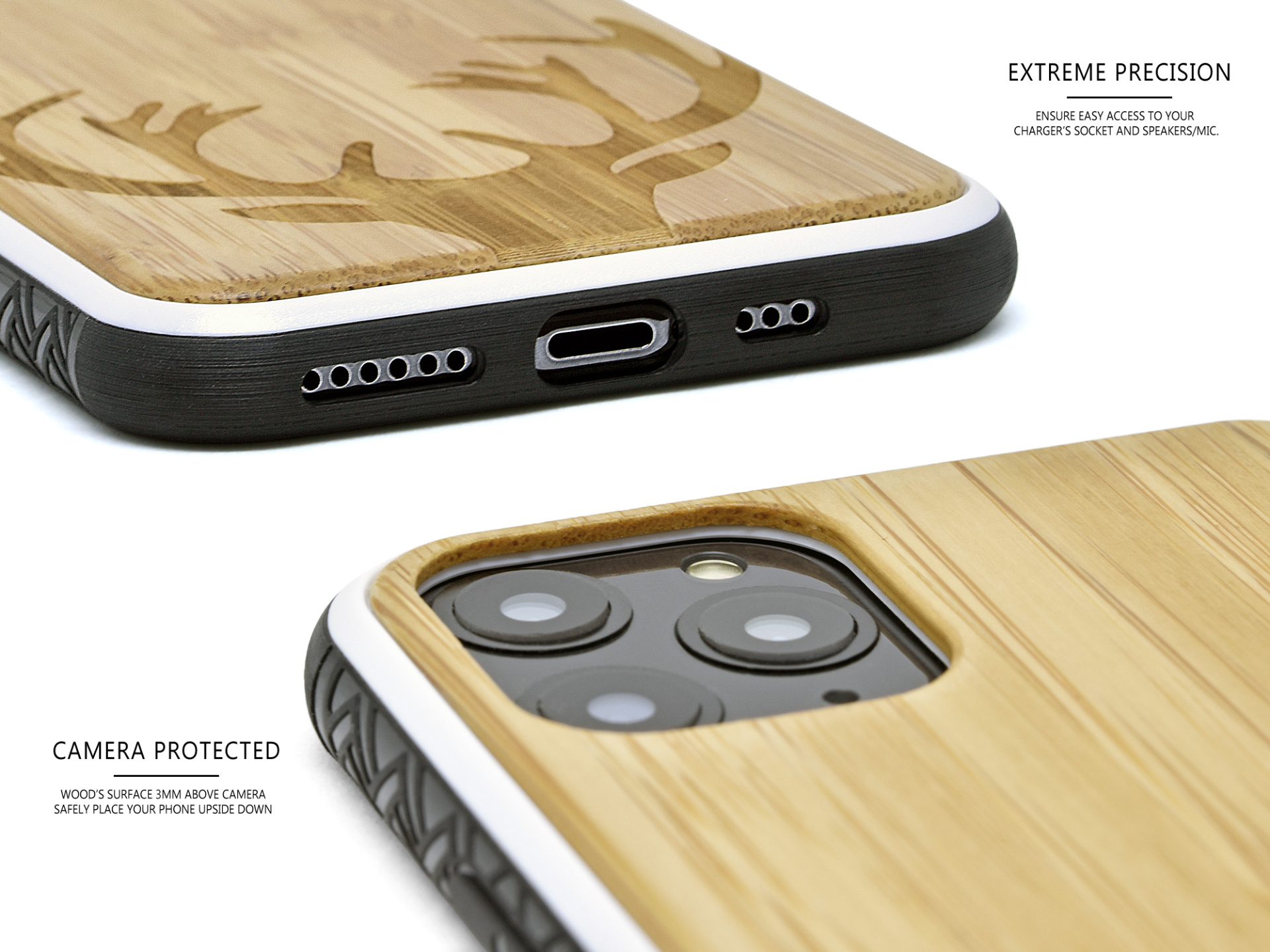 iPhone 11 Pro wood case deer engraved bamboo backside with TPU bumper