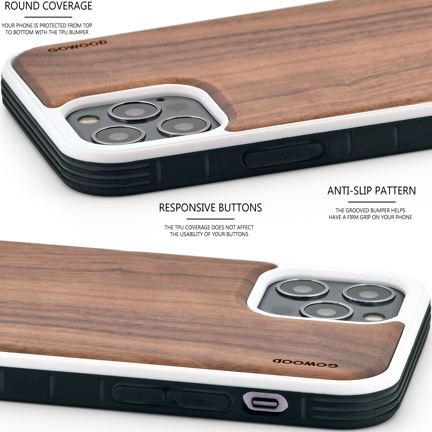 iPhone 12 and iPhone 12 Pro wood case walnut backside with TPU bumper and white PC