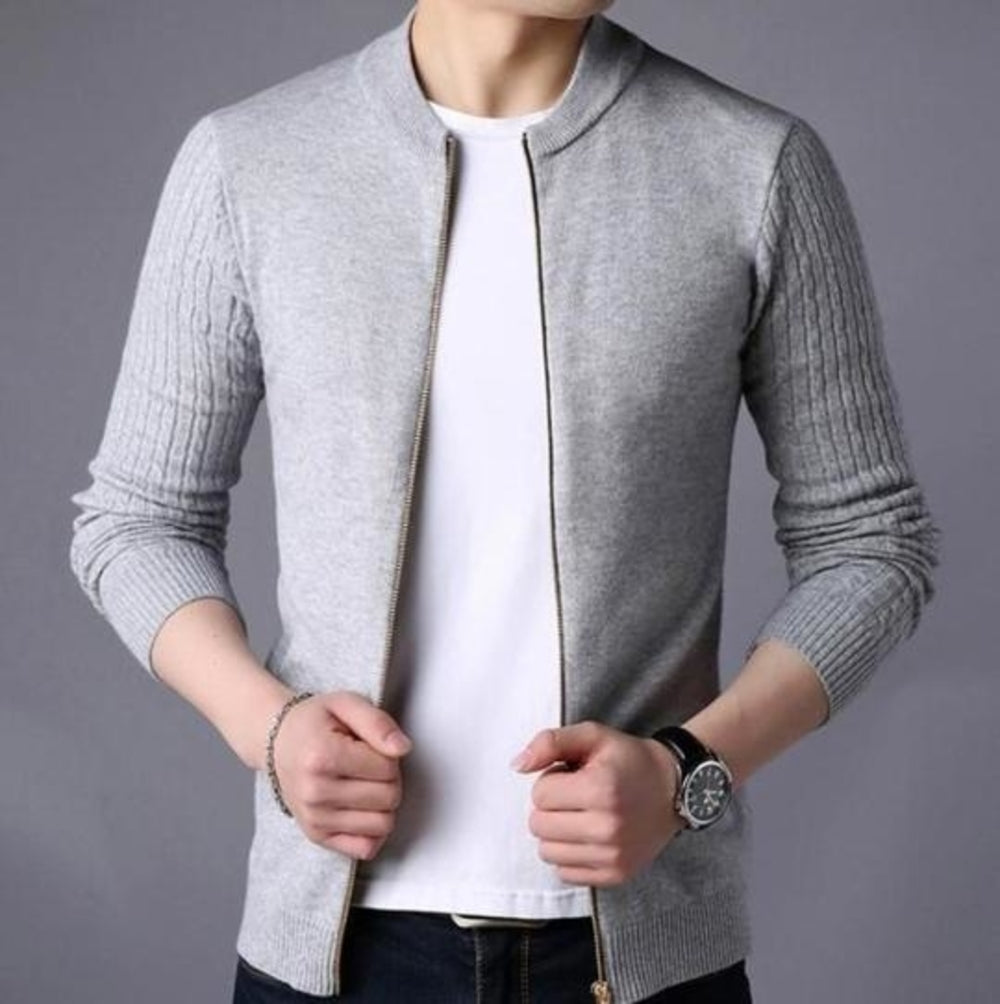 Mens Slim Fit Round Neck Zip Up Cardigan