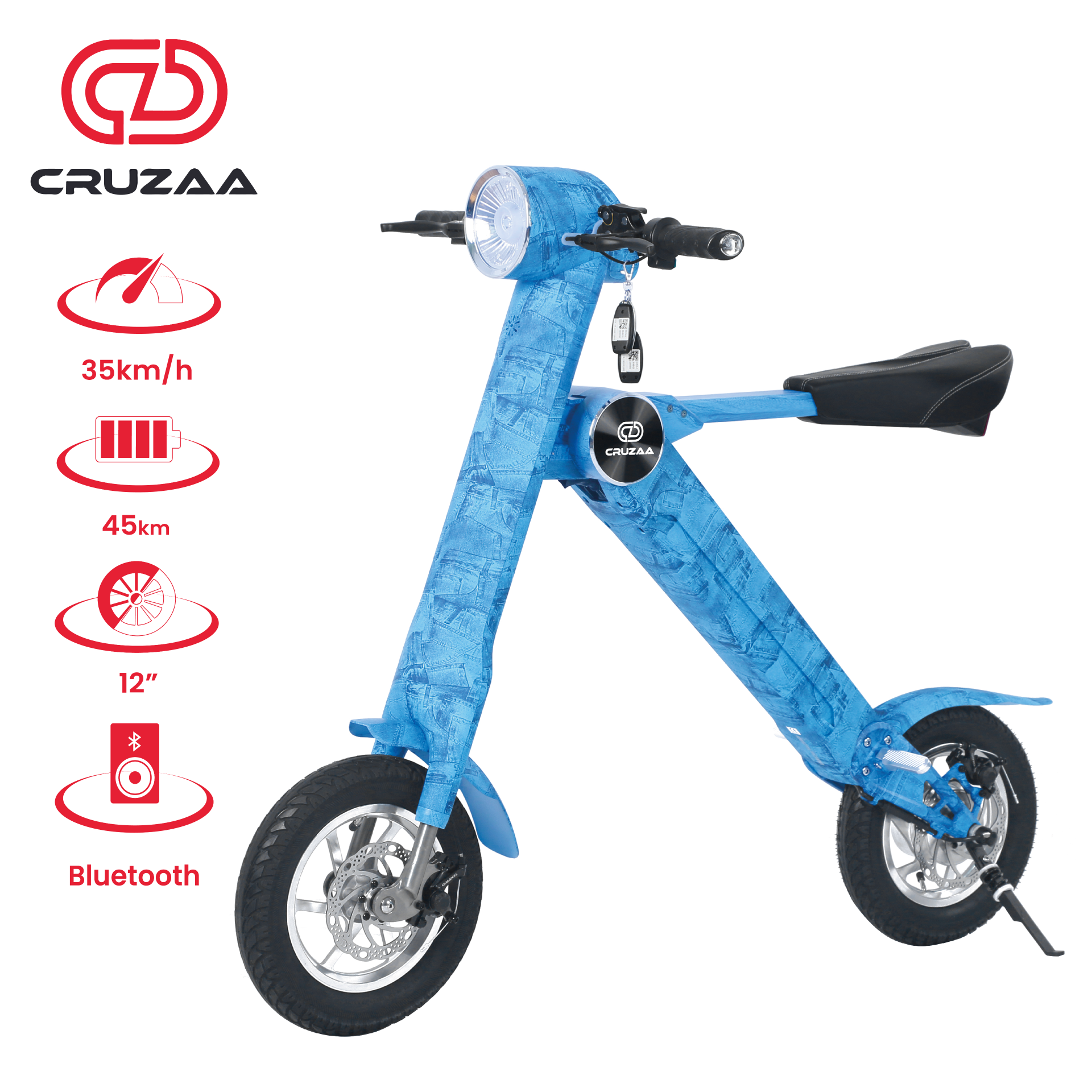The Limited Edition Cruzaa Electric Scooter - 45km Range & 35kmh Top Speed Cruzaa Built in Bluetooth & Speakers +USB - Denim Blue