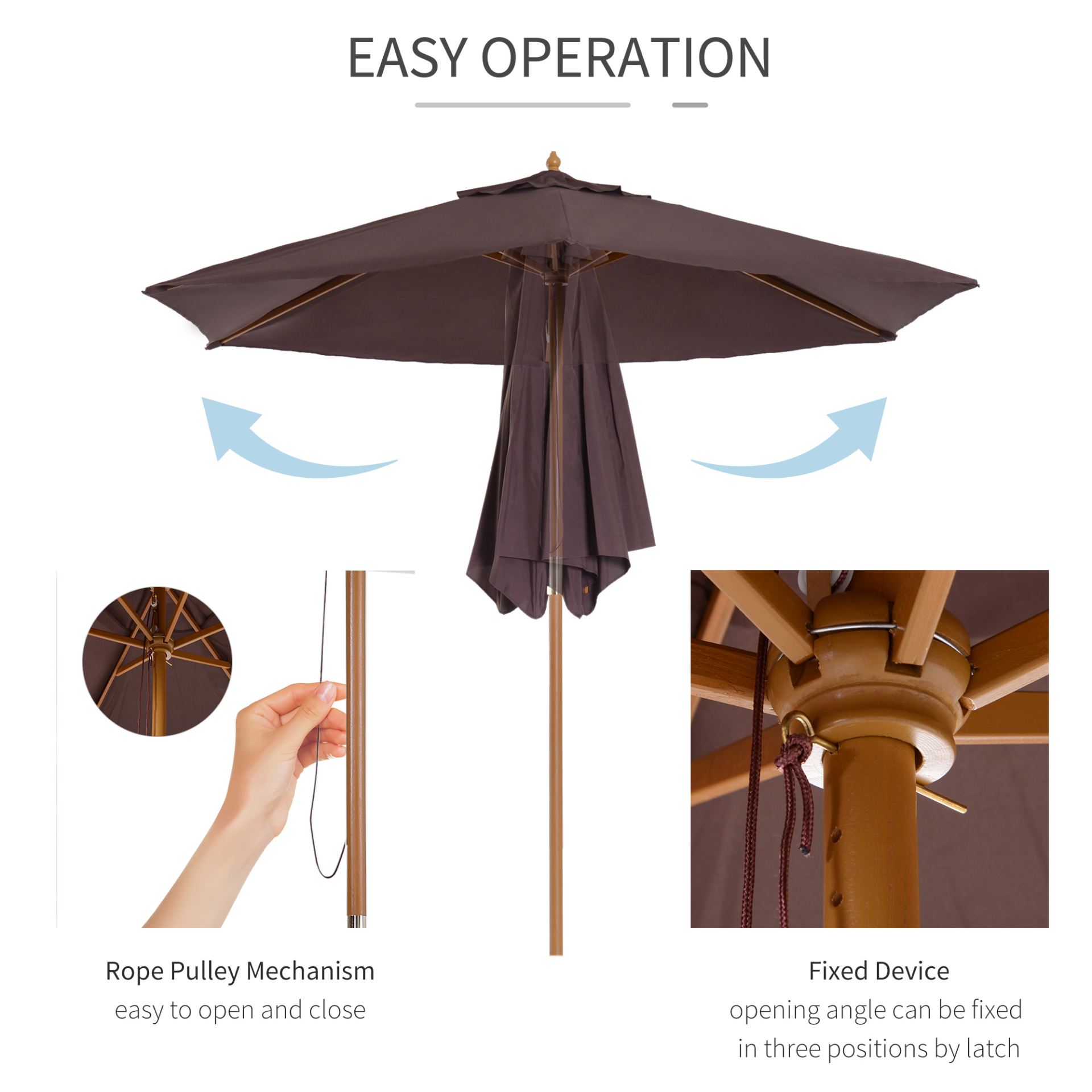Outsunny 2.5m Wood Garden Parasol Sun Shade Patio Outdoor Wooden Umbrella Canopy Coffee