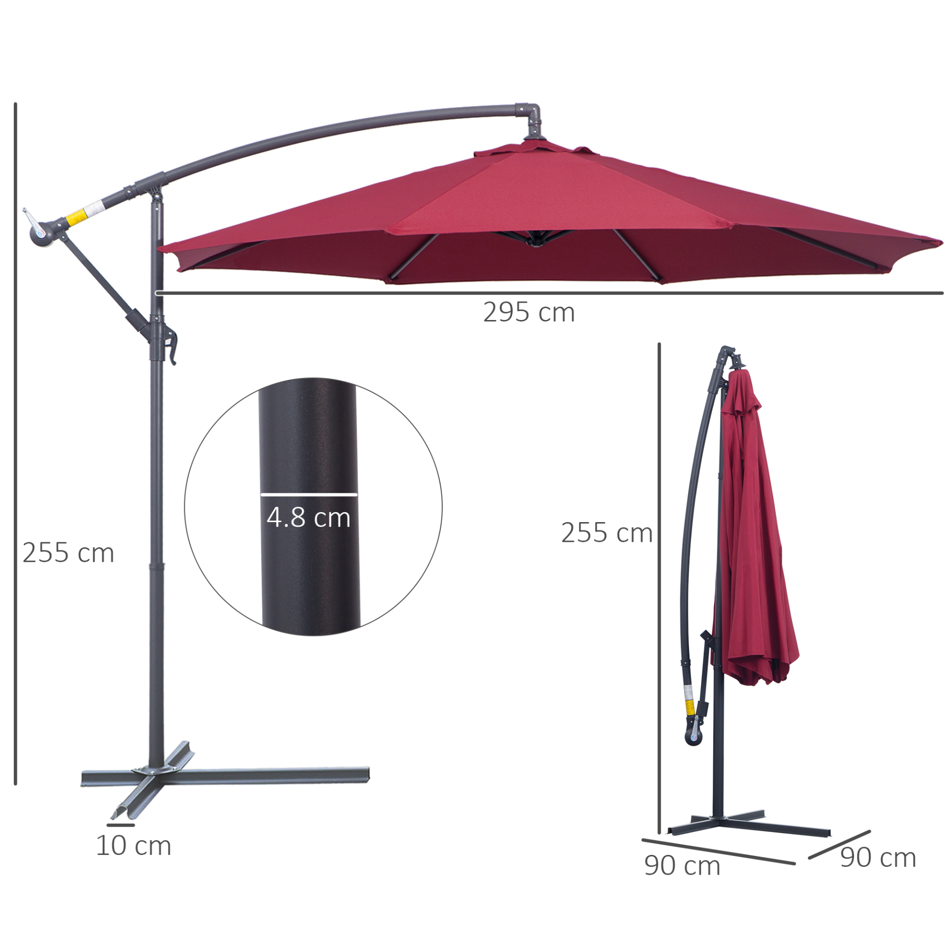 Outsunny 3(m) Garden Banana Parasol Hanging Cantilever Umbrella with Crank Handle and Cross Base for Outdoor, Sun Shade, Wine Red