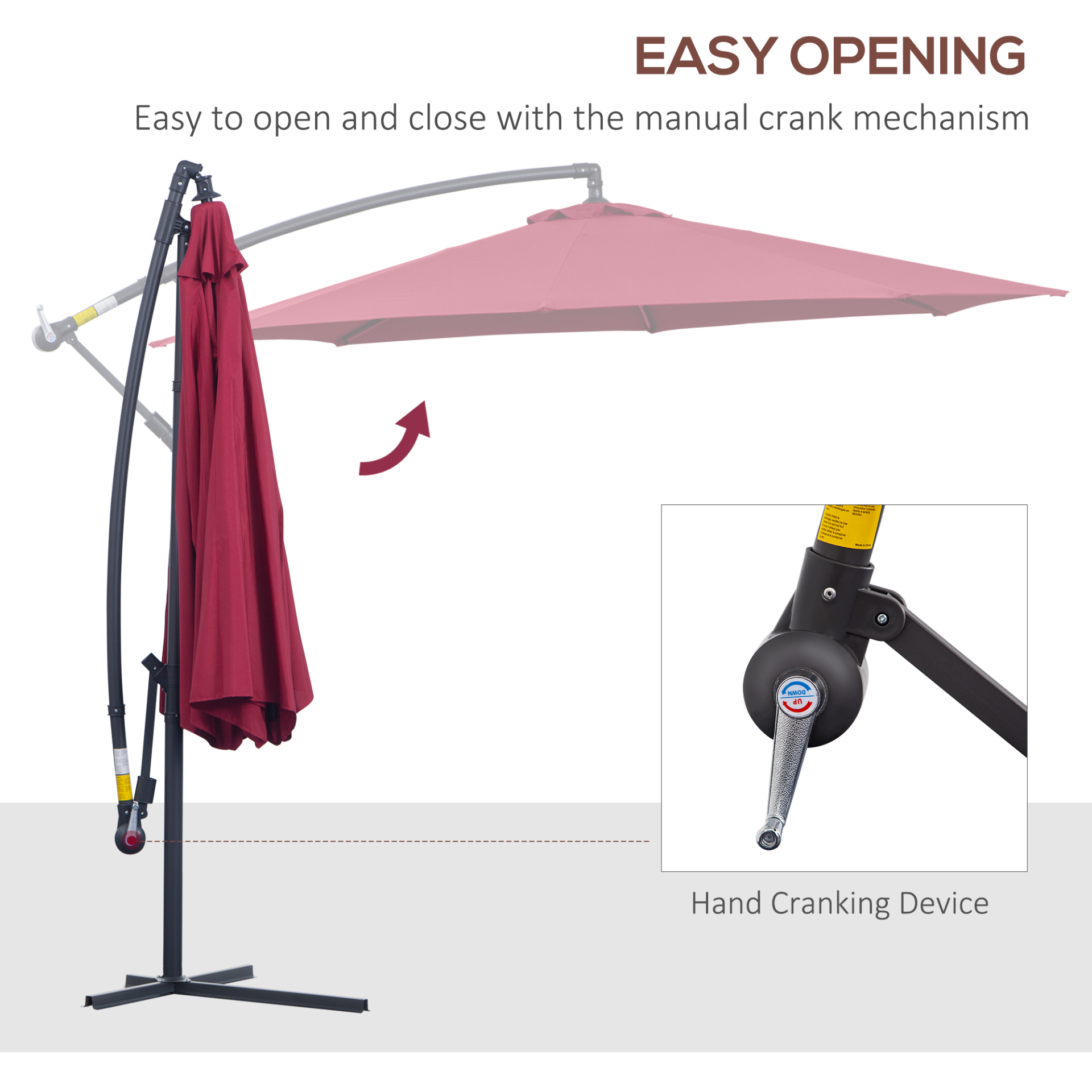 Outsunny 3(m) Garden Banana Parasol Hanging Cantilever Umbrella with Crank Handle and Cross Base for Outdoor, Sun Shade, Wine Red