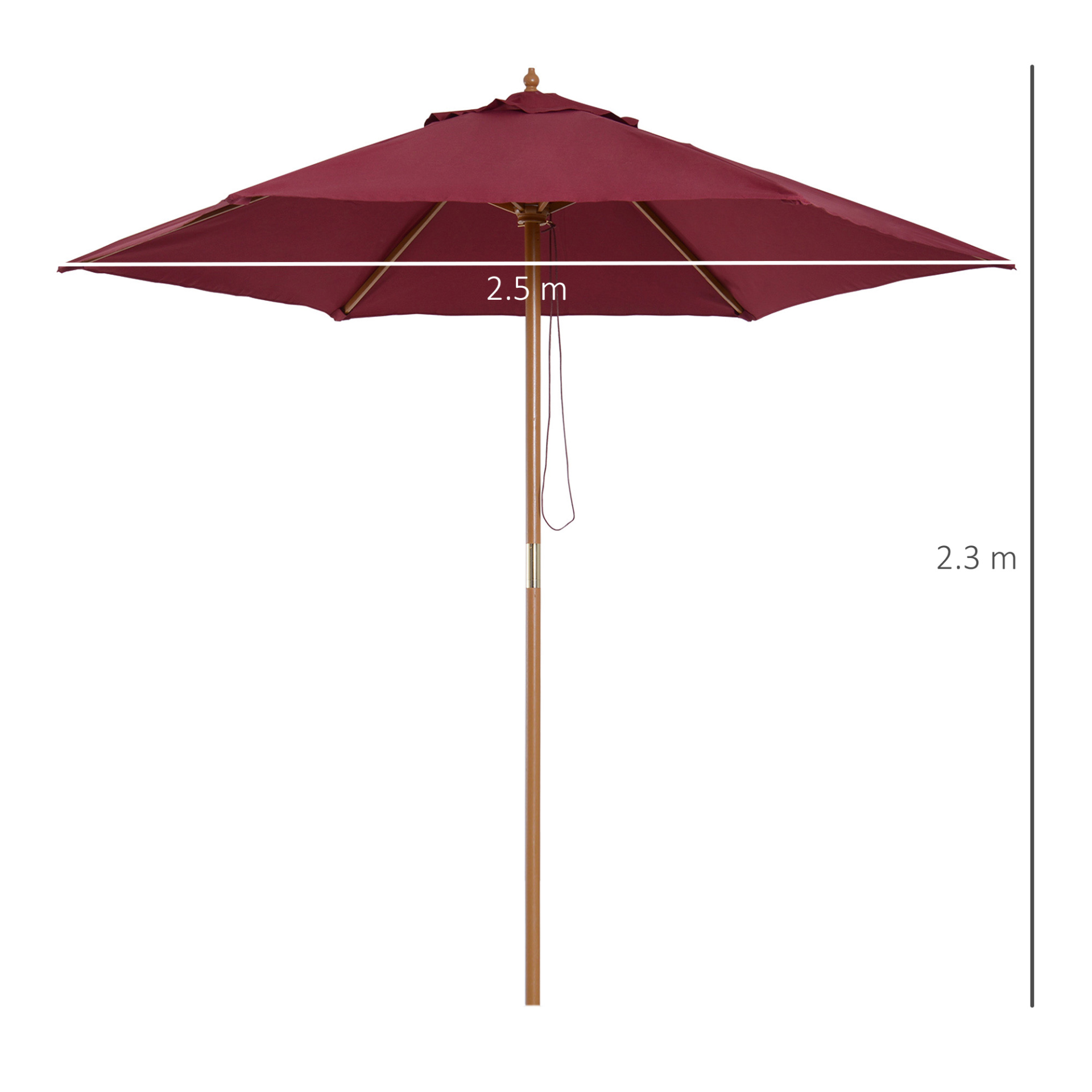 Outsunny 2.5m Wood Garden Parasol Sun Shade Patio Outdoor Wooden Umbrella Canopy Wine Red