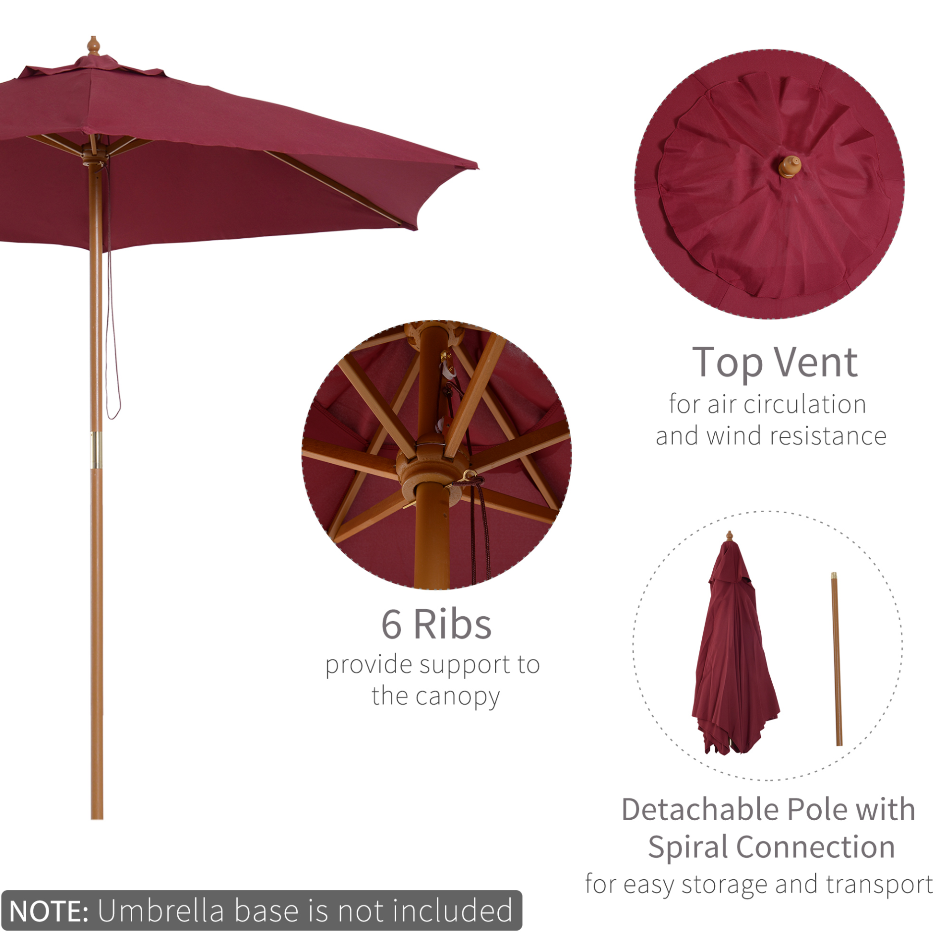Outsunny 2.5m Wood Garden Parasol Sun Shade Patio Outdoor Wooden Umbrella Canopy Wine Red