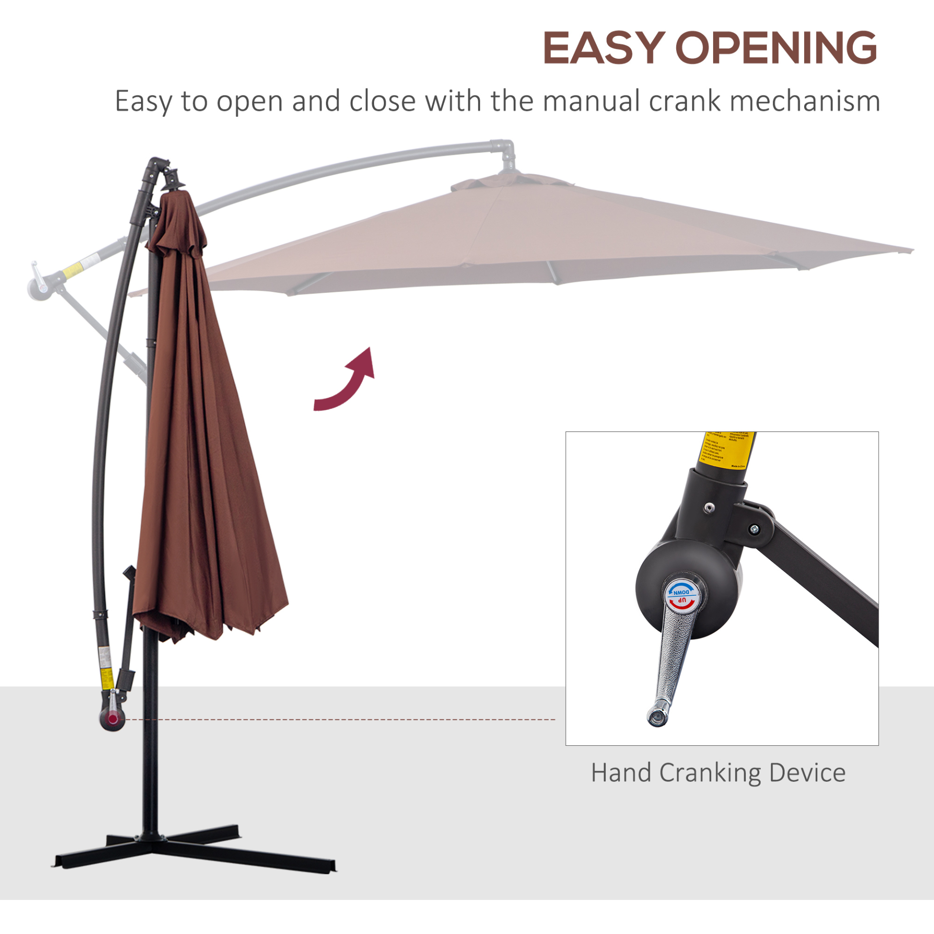 Outsunny 3(m) Garden Banana Parasol Hanging Cantilever Umbrella with Crank Handle and Cross Base for Outdoor, Sun Shade, Coffee