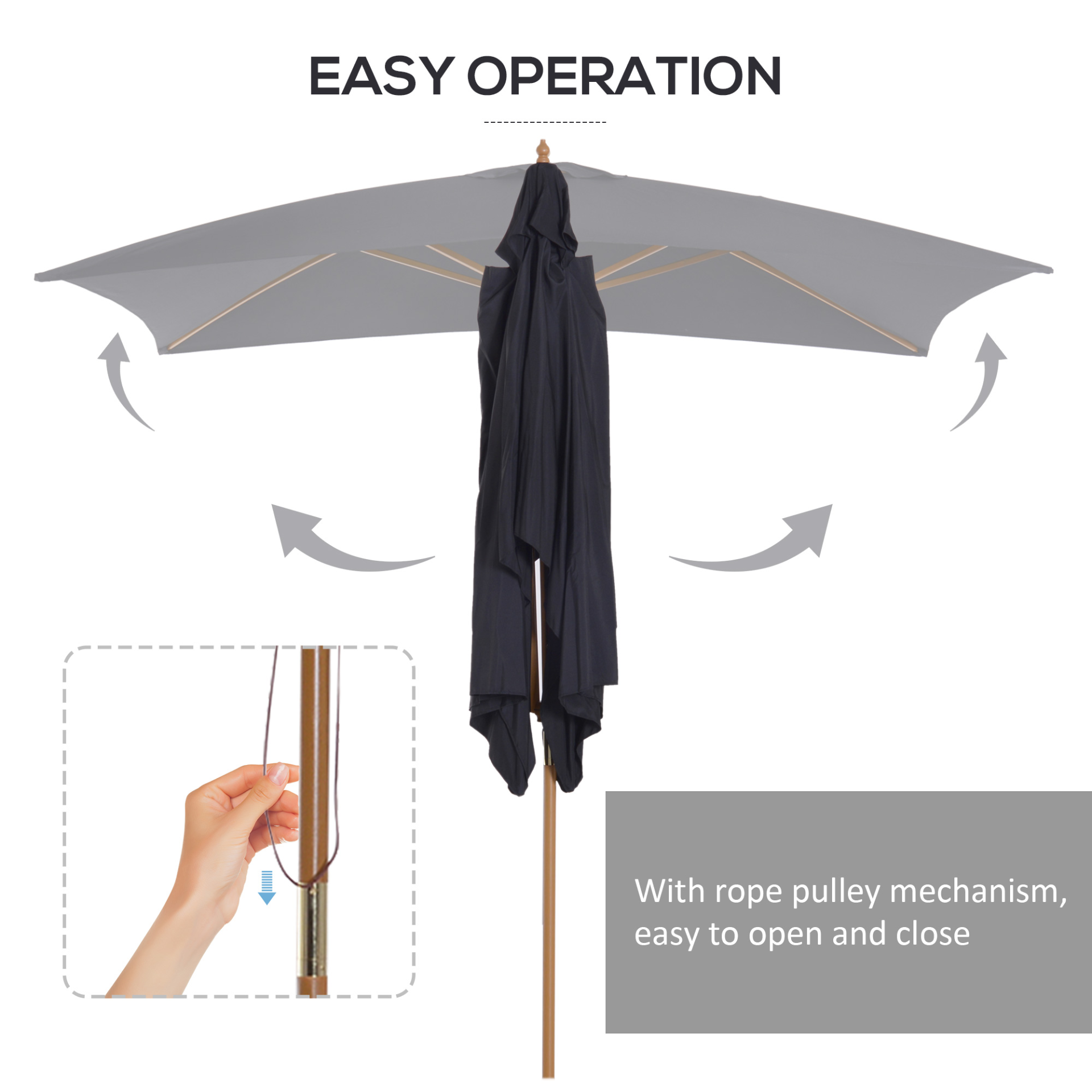 Outsunny 2 x 3m Wooden Parasol Garden Umbrellas Sun Shade Patio Outdoor Umbrella Canopy Black