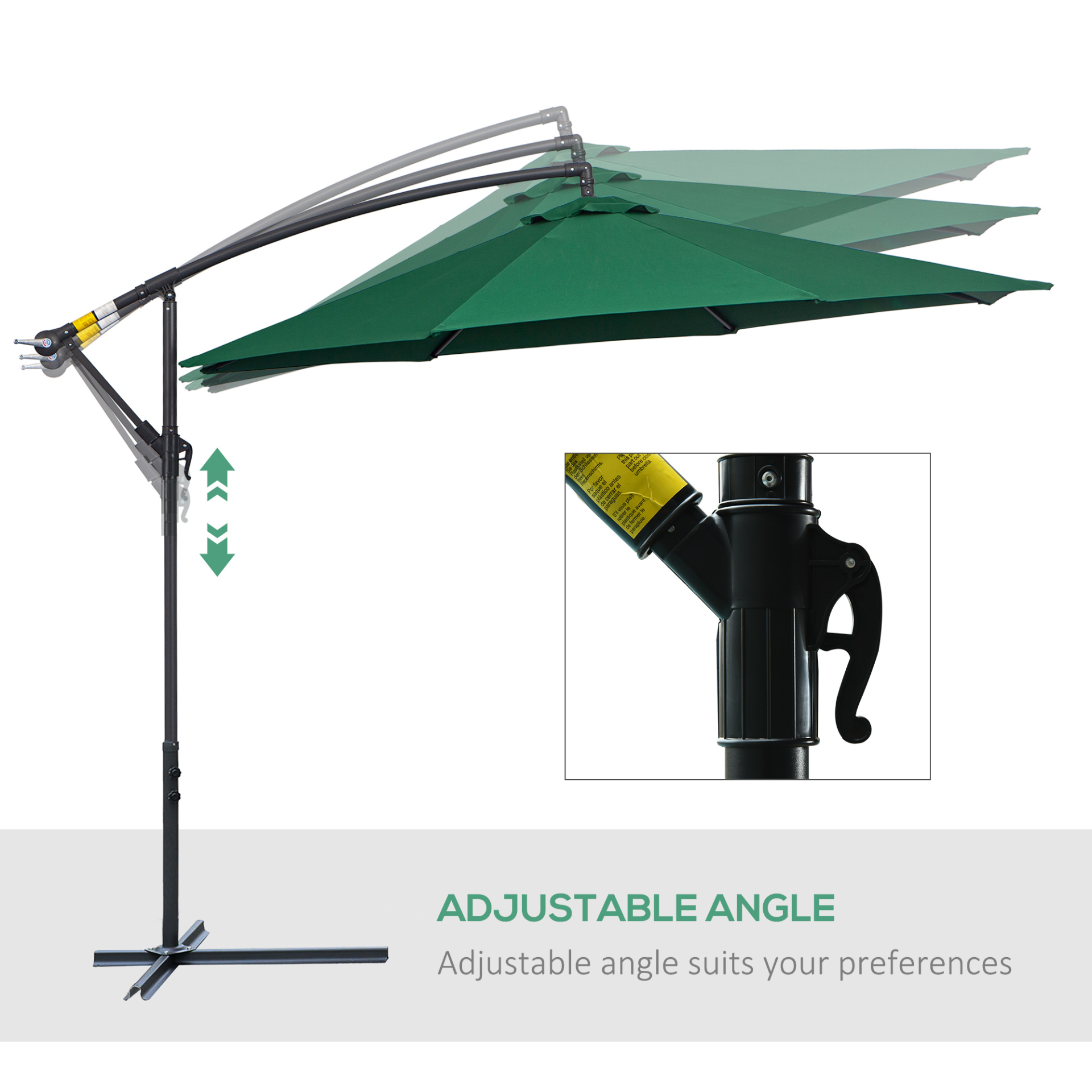 Outsunny 3(m) Garden Banana Parasol Hanging Cantilever Umbrella with Crank Handle and Cross Base for Outdoor, Sun Shade, Green