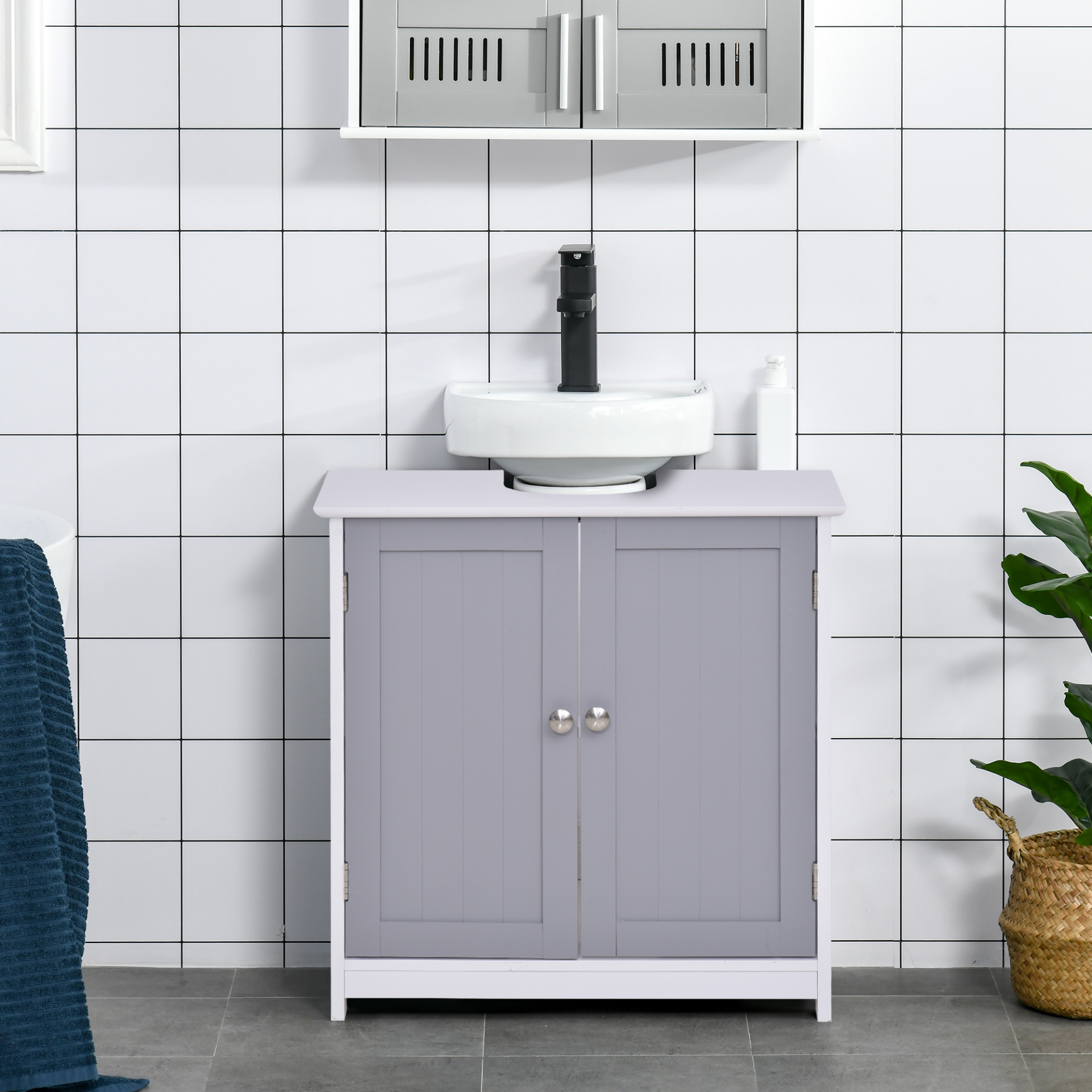 kleankin 60x60cm Under-Sink Storage Cabinet w/ Adjustable Shelf Handles Drain Hole Bathroom Cabinet Space Saver Organizer White and Grey