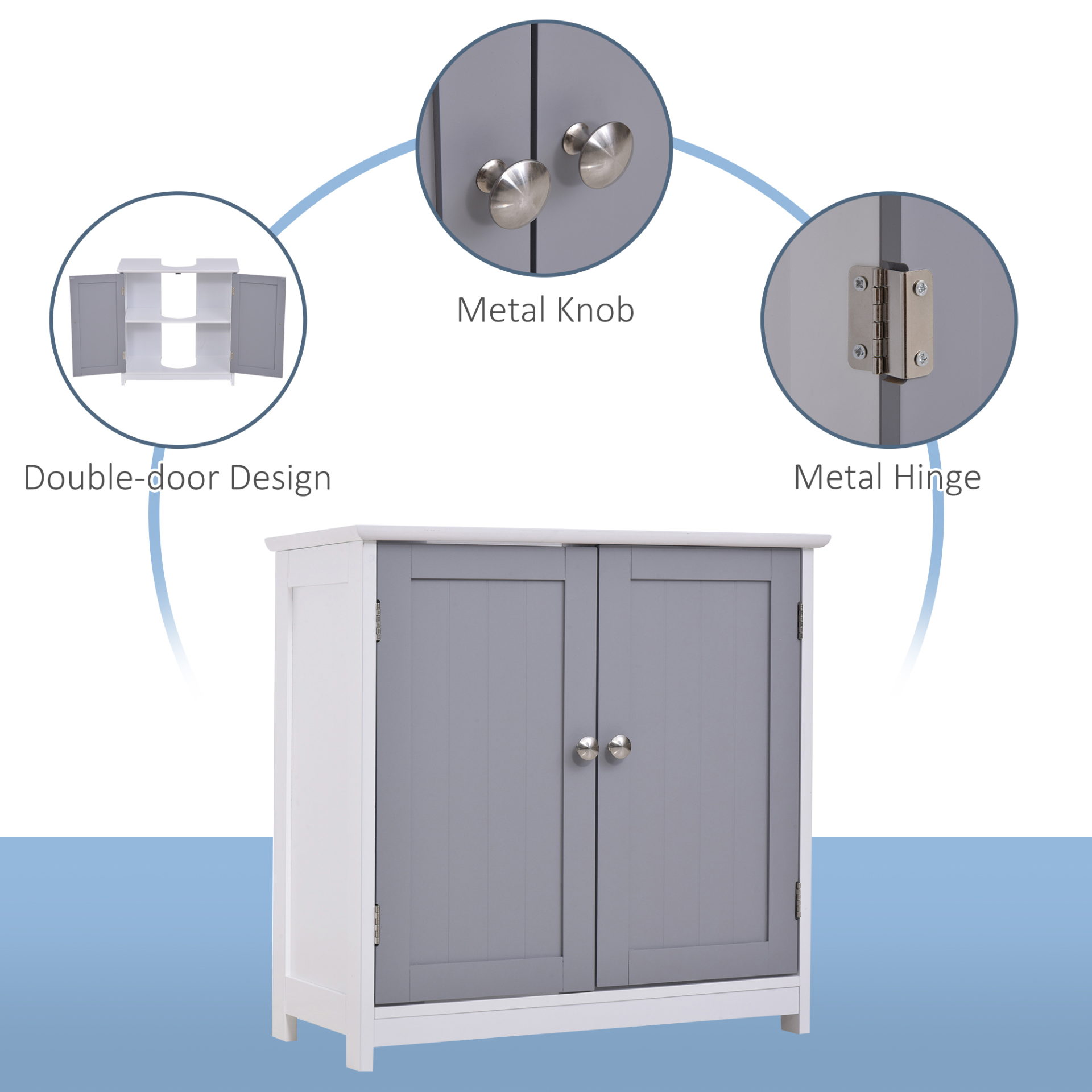 kleankin 60x60cm Under-Sink Storage Cabinet w/ Adjustable Shelf Handles Drain Hole Bathroom Cabinet Space Saver Organizer White and Grey
