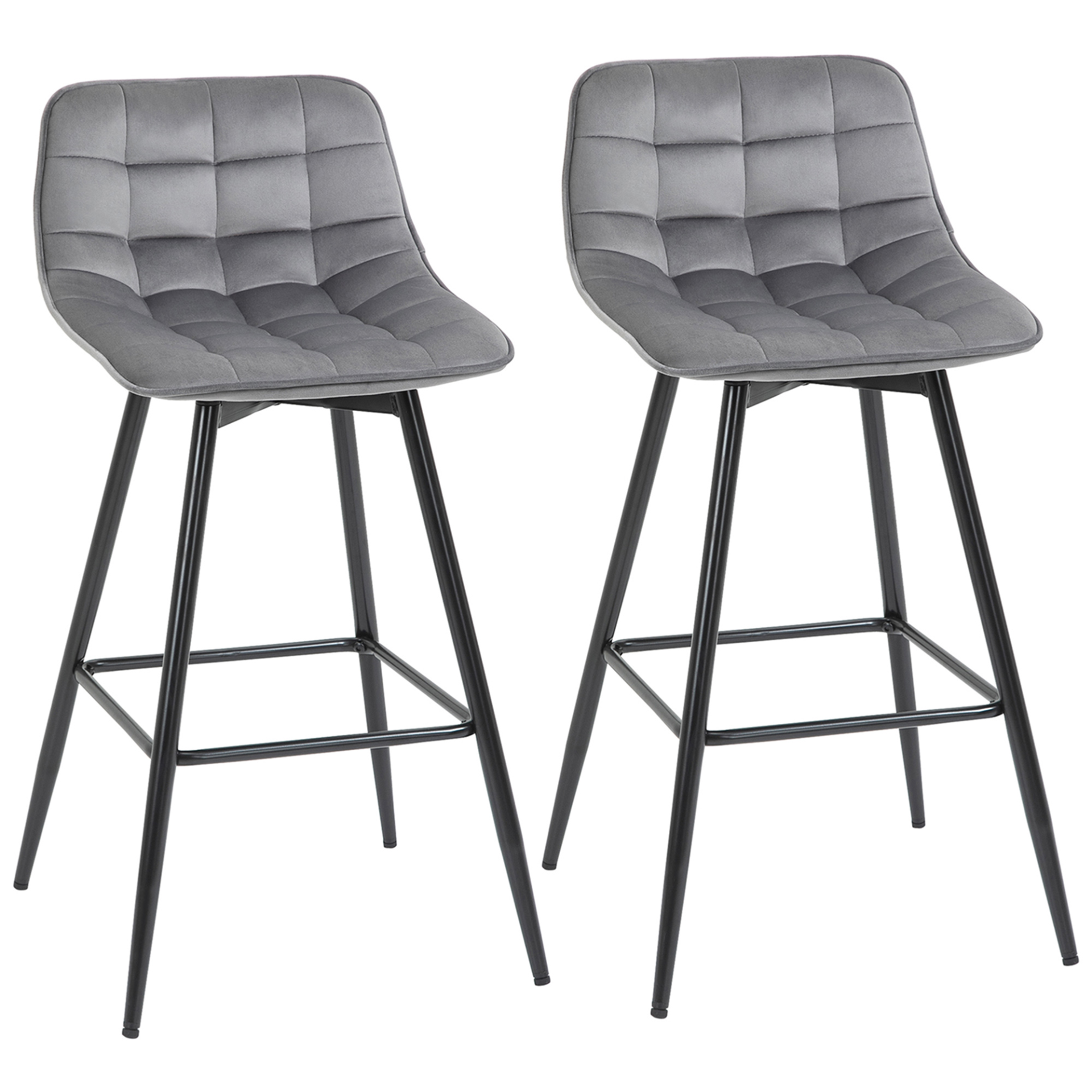 HOMCOM Set of 2 Bar Stools Velvet-Touch Dining Chairs Kitchen Counter Chairs    Fabric Upholstered seat with Metal Legs, Backrest, Grey