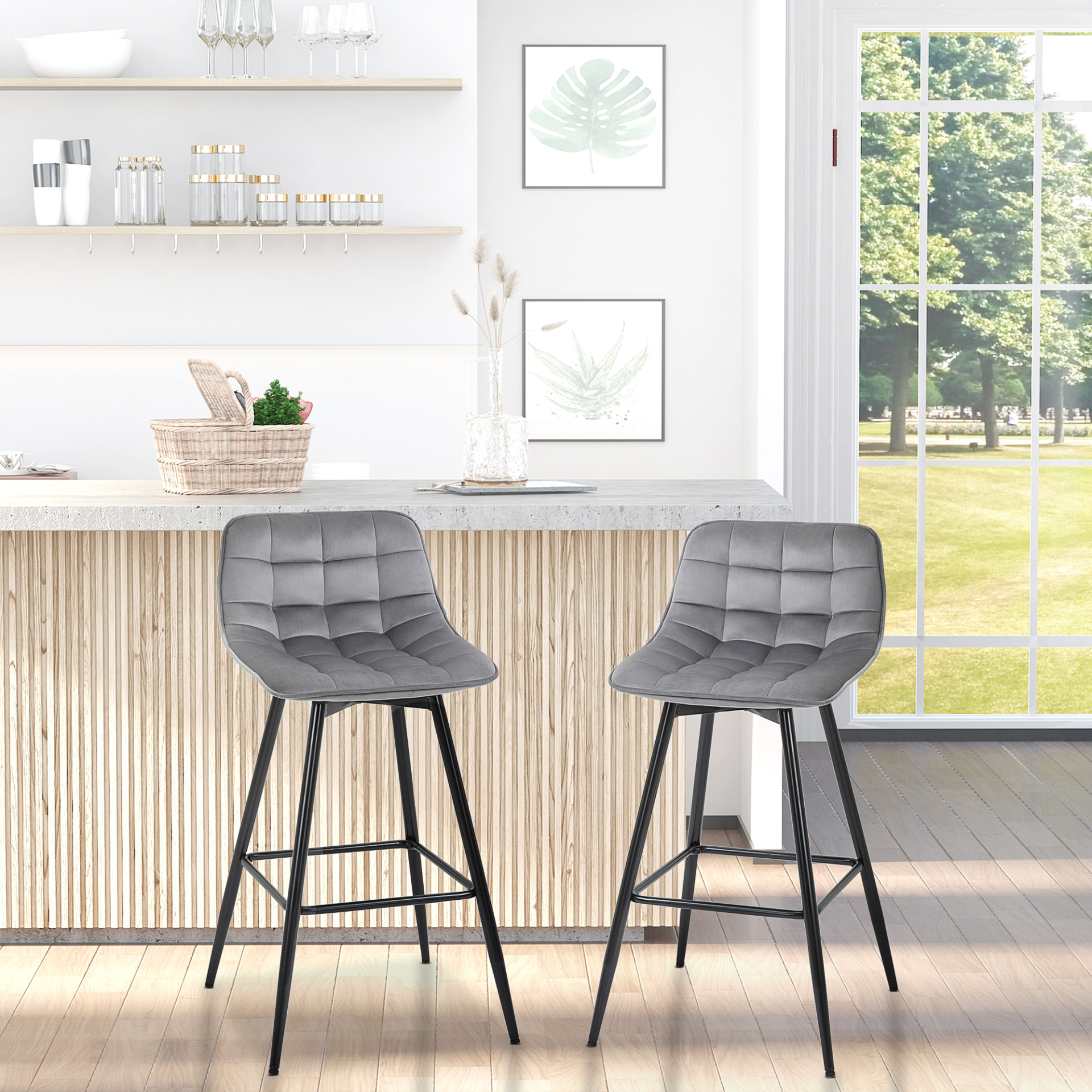 HOMCOM Set of 2 Bar Stools Velvet-Touch Dining Chairs Kitchen Counter Chairs    Fabric Upholstered seat with Metal Legs, Backrest, Grey