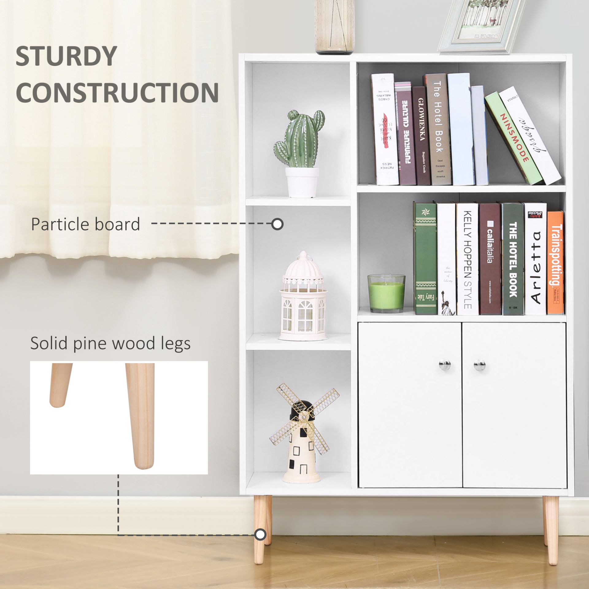 HOMCOM Open Bookcase Storage Cabinet Shelves Unit Free Standing w/ Two Doors Wooden Display White