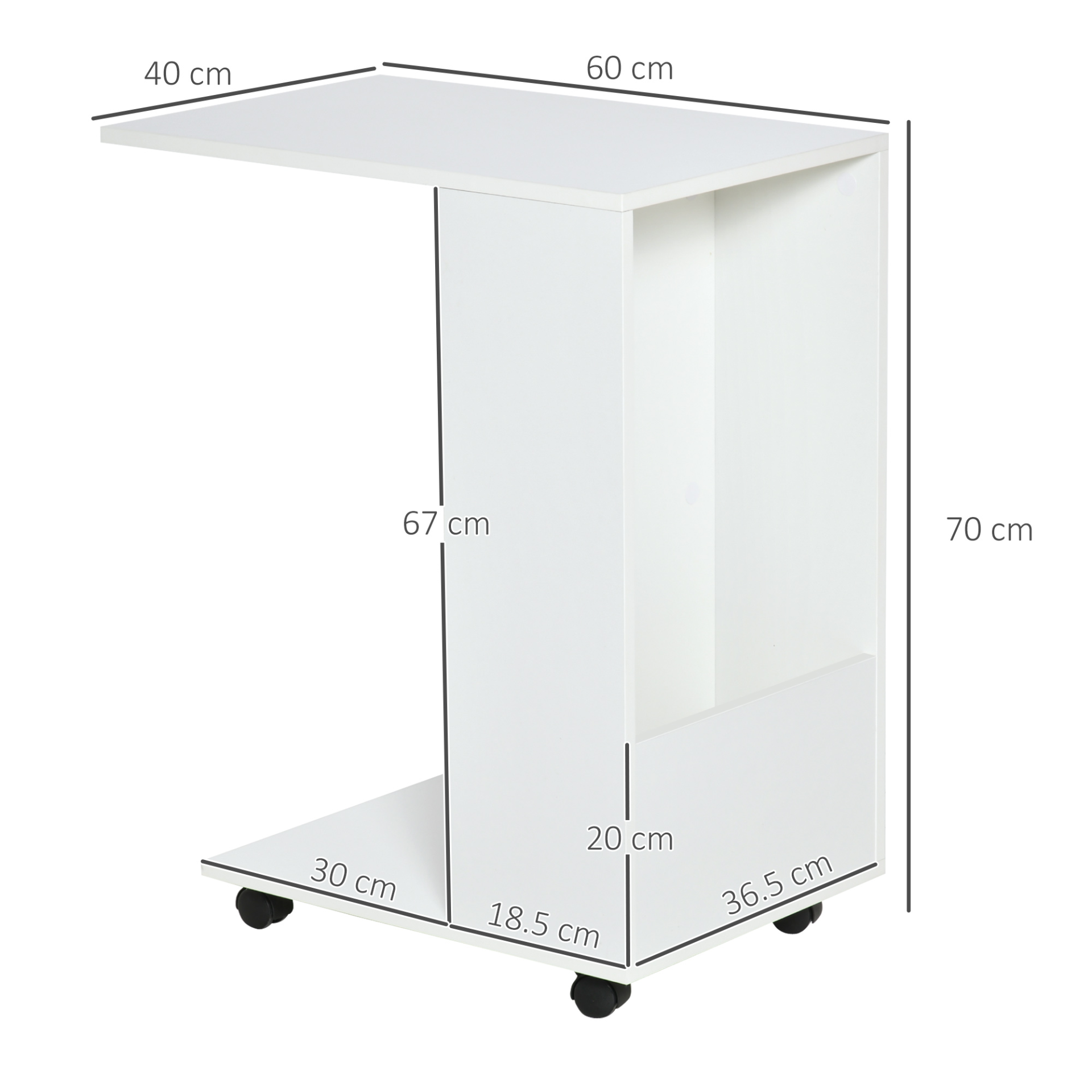 HOMCOM Mobile Sofa Side Table C-Shape End Table with Storage and Casters for Laptop Coffee Snack, White