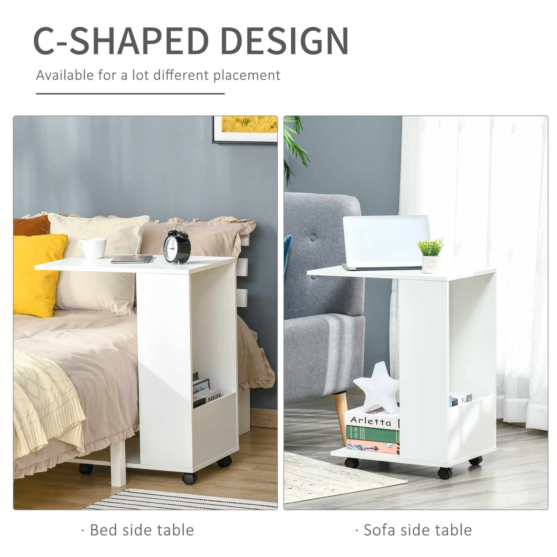 HOMCOM Mobile Sofa Side Table C-Shape End Table with Storage and Casters for Laptop Coffee Snack, White