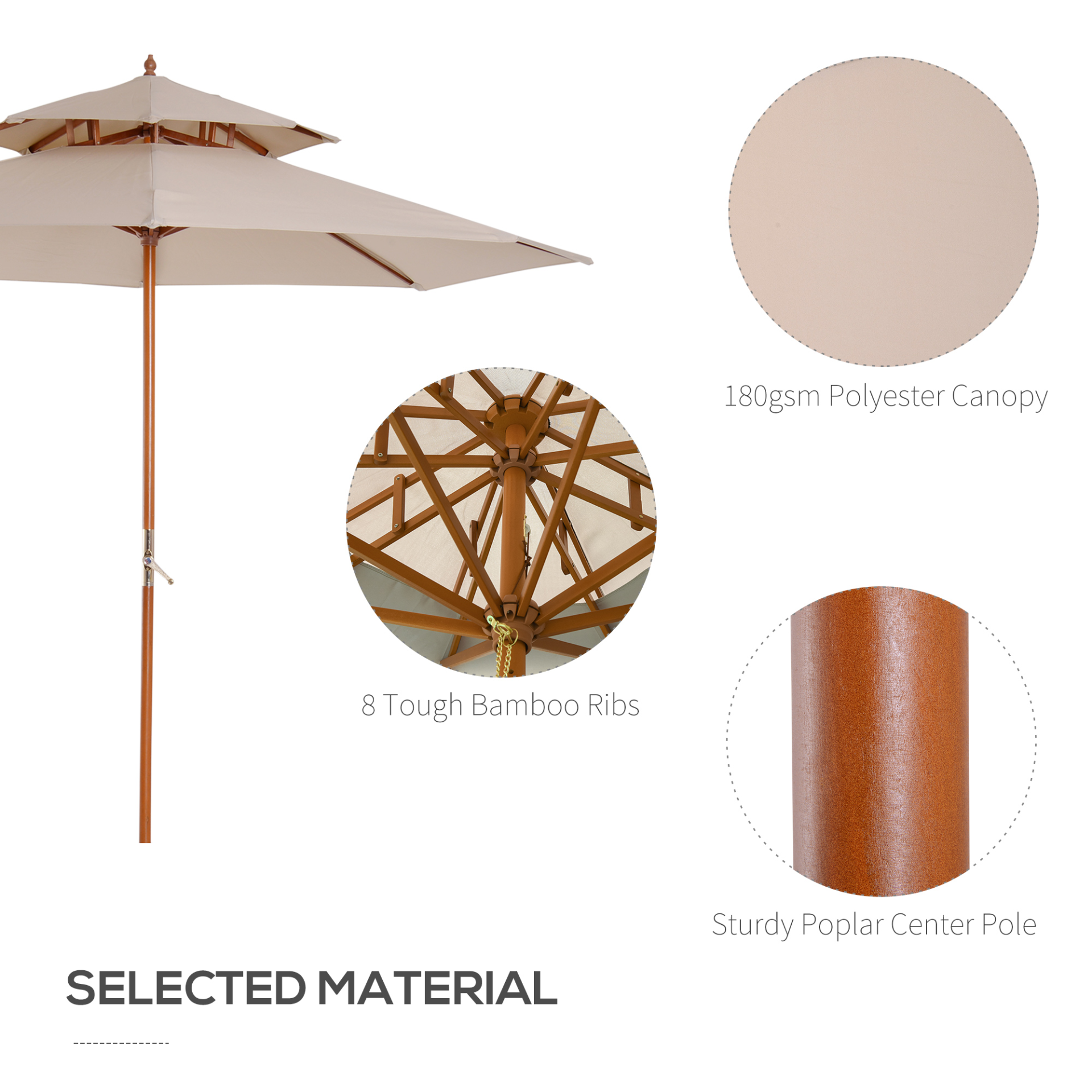 Outsunny 2.7 m Patio Parasol Double Tier Garden Umbrellas Outdoor Sun Umbrella Sunshade Bamboo Parasol, Beige