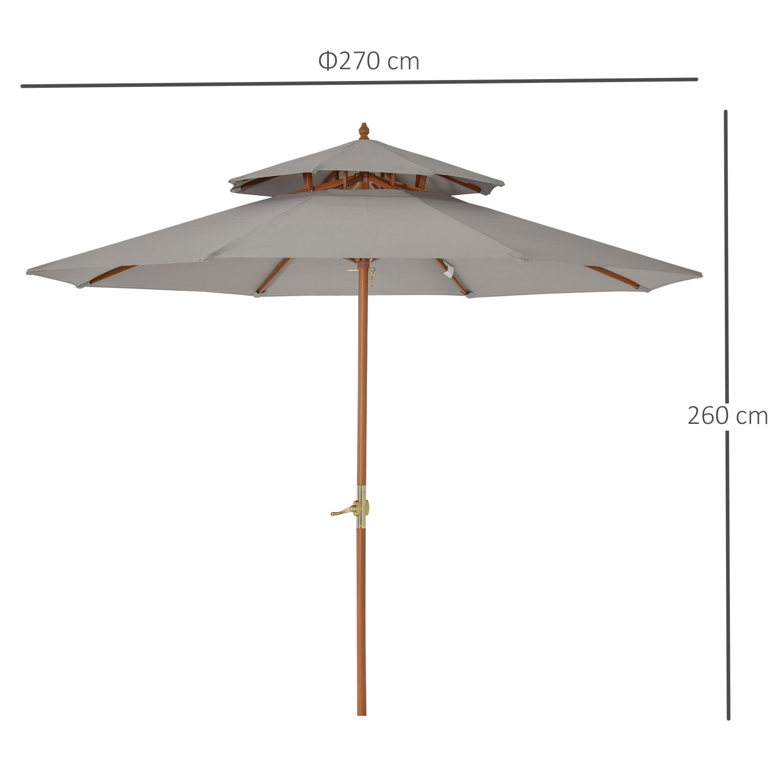 Outsunny 2.7 m Patio Parasol Double Tier Garden Umbrellas Outdoor Sun Umbrella Sunshade Bamboo Parasol, Grey