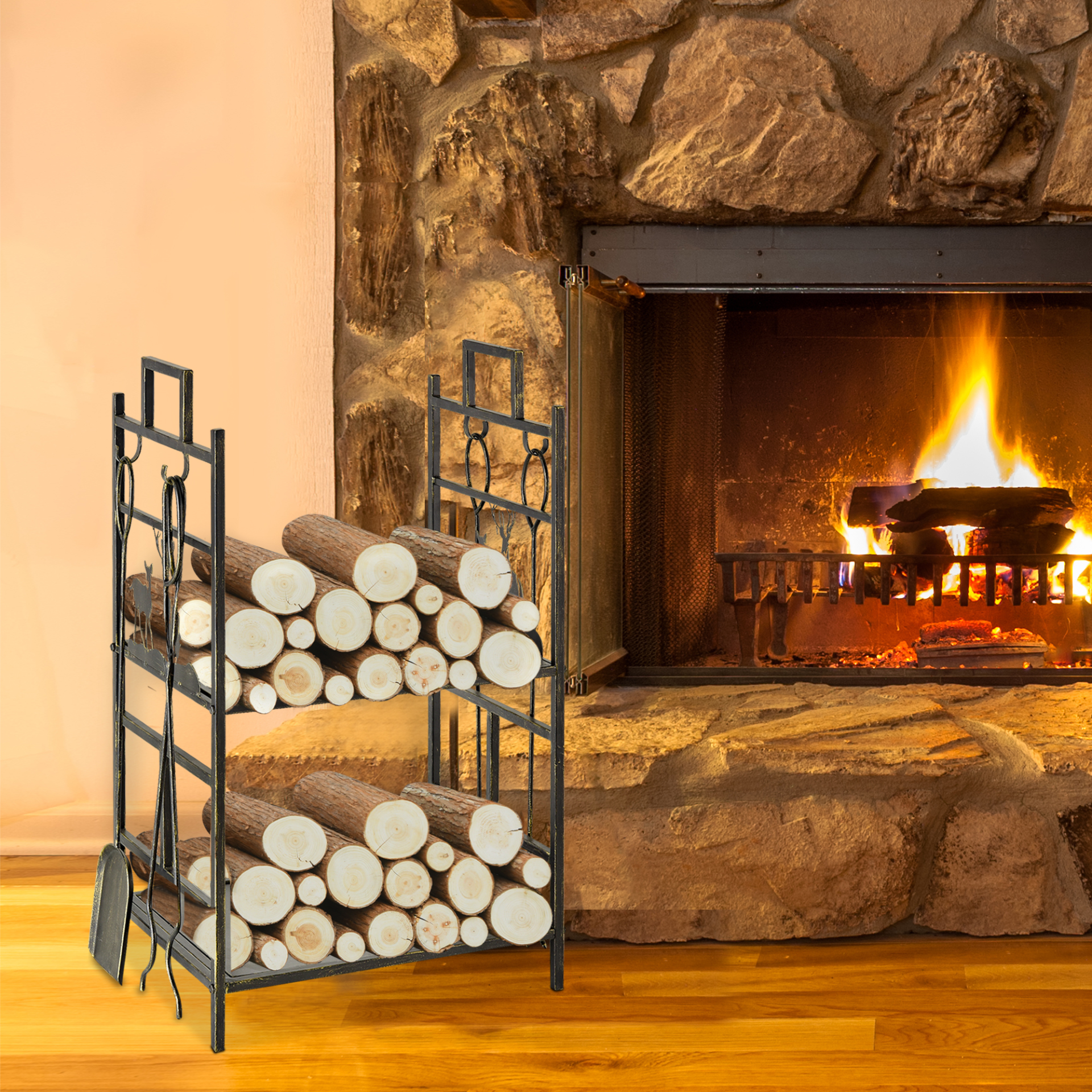 Outsunny Metal Firewood Log Holder 2 Tier Firewood Rack Indoor Outdoor Fireplace Wood Storage Shelf with 4 Tools, Hooks, Elk Shape Design, Black Gold Tone, 51.5W x 33D x 77H cm