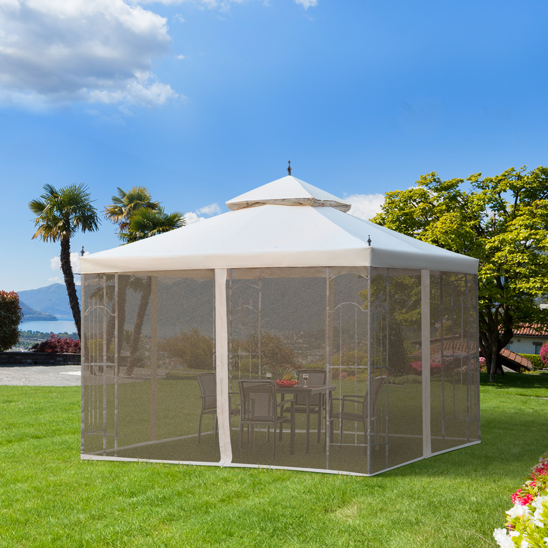 Outsunny 3(M)x3(M) Garden Gazebo Double Top Outdoor Canopy Patio Event Party Wedding Tent Backyard Sun Shade with Mesh Curtain Metal Frame - Cream White