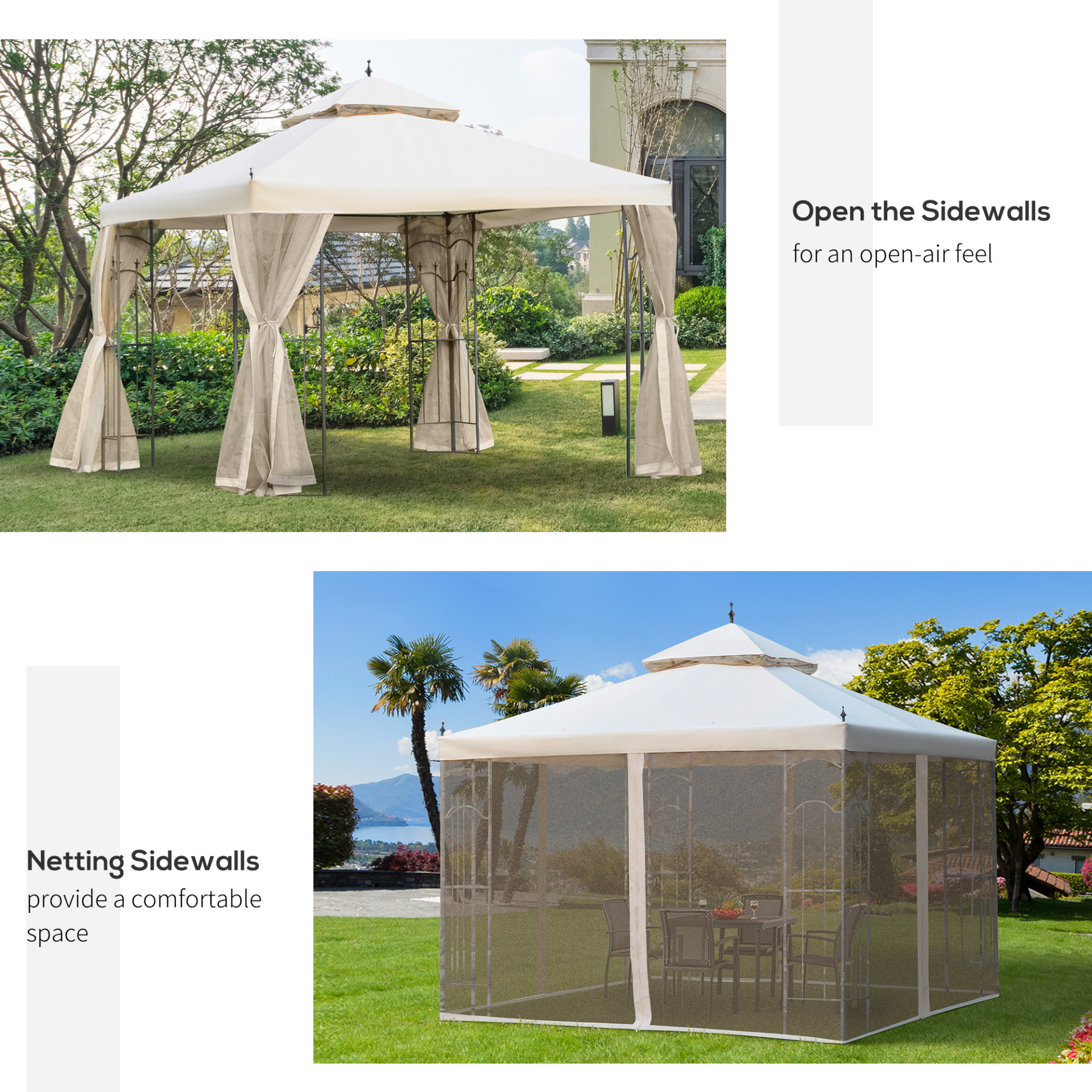 Outsunny 3(M)x3(M) Garden Gazebo Double Top Outdoor Canopy Patio Event Party Wedding Tent Backyard Sun Shade with Mesh Curtain Metal Frame - Cream White