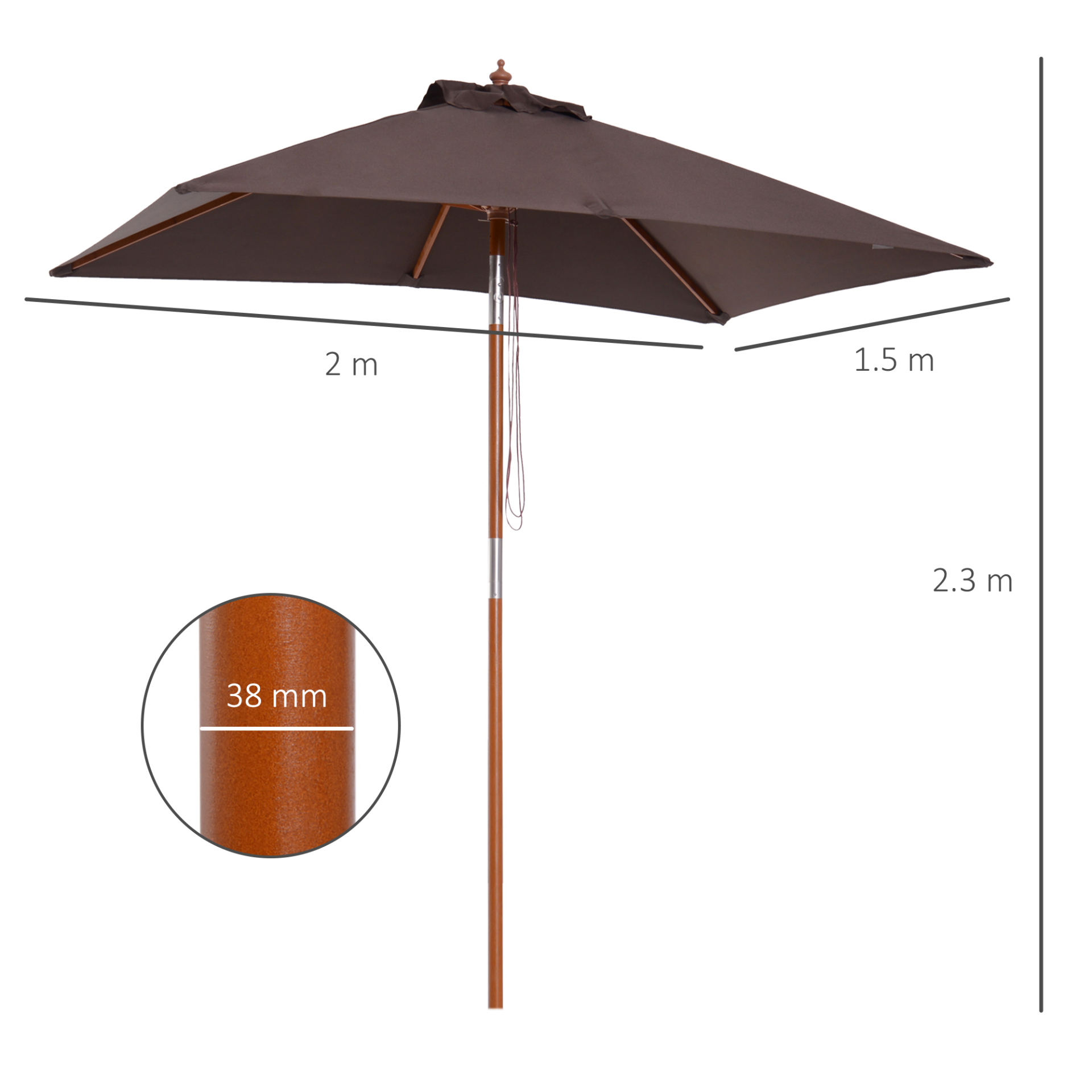 Outsunny 2m x 1.5m Patio Parasol Garden Umbrellas Sun Umbrella Bamboo Sunshade Canopy Outdoor Backyard Furniture Fir Wooden Pole 6 Ribs Tilt Mechanism - Coffee