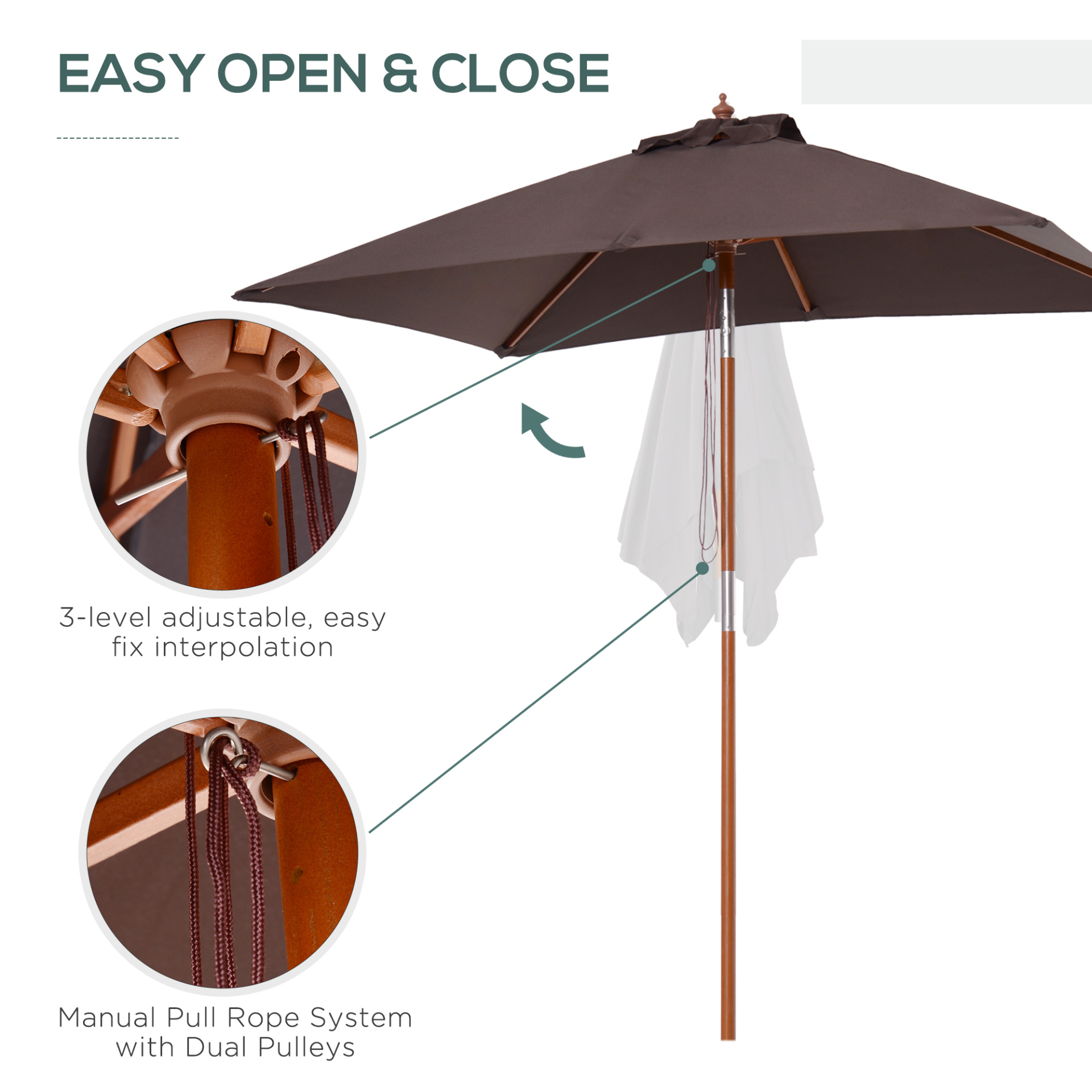 Outsunny 2m x 1.5m Patio Parasol Garden Umbrellas Sun Umbrella Bamboo Sunshade Canopy Outdoor Backyard Furniture Fir Wooden Pole 6 Ribs Tilt Mechanism - Coffee