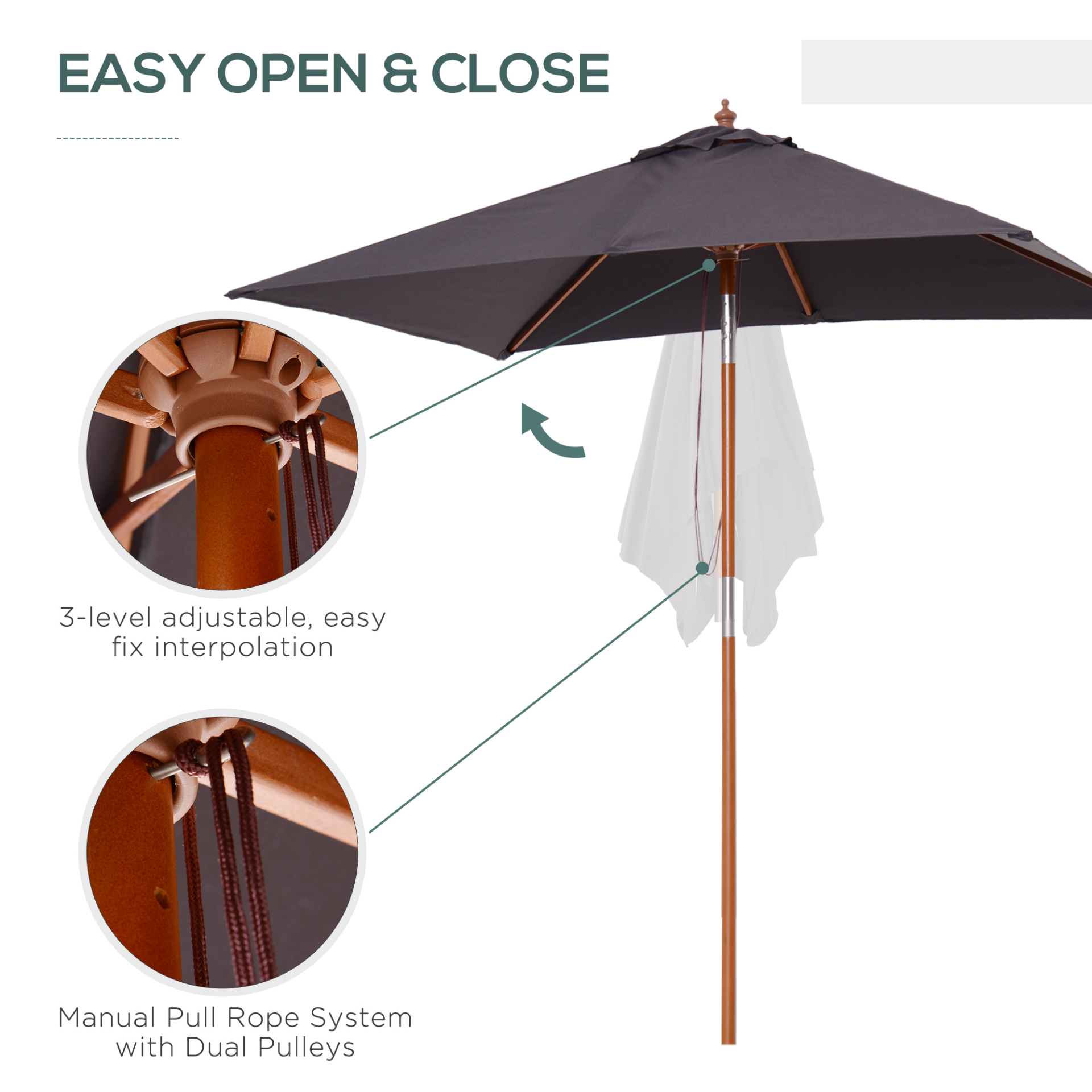 Outsunny 2m x 1.5m Patio Parasol Garden Umbrellas Sun Umbrella Bamboo Sunshade Canopy Outdoor Backyard Furniture Fir Wooden Pole 6 Ribs Tilt Mechanism - Deep Grey