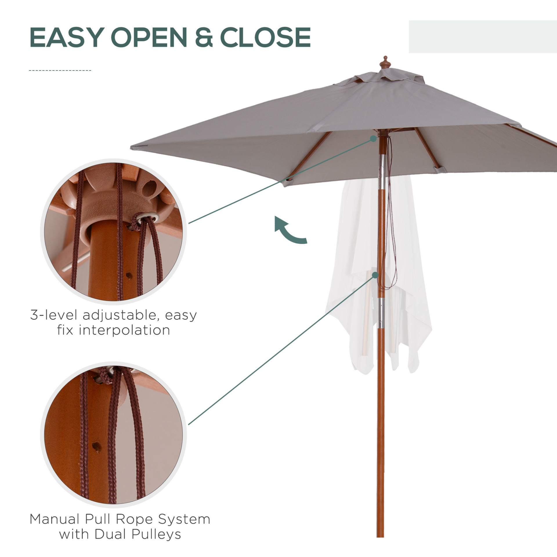 Outsunny 2m x 1.5m Patio Parasol Garden Umbrellas Sun Umbrella Bamboo Sunshade Canopy Outdoor Backyard Furniture Fir Wooden Pole 6 Ribs Tilt Mechanism - Grey