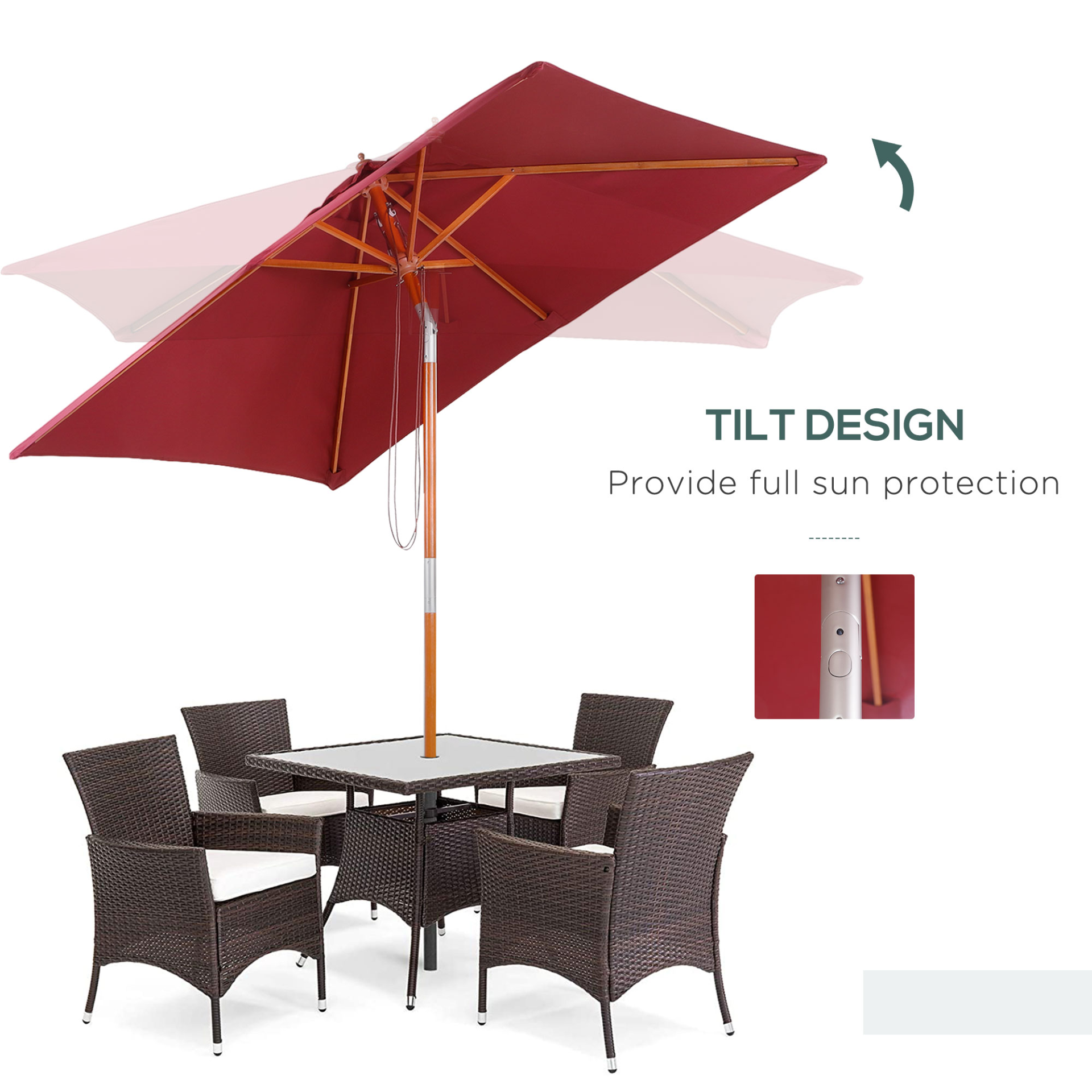Outsunny 2m x 1.5m Patio Parasol Garden Umbrellas Sun Umbrella Bamboo Sunshade Canopy Outdoor Backyard Furniture Fir Wooden Pole 6 Ribs Tilt Mechanism - Wine Red