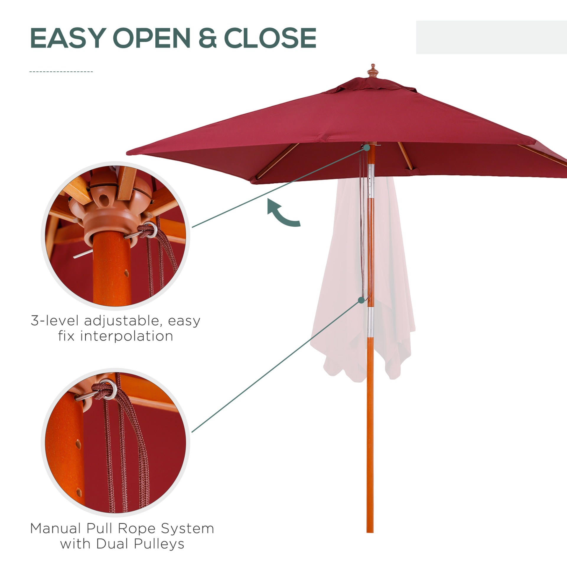 Outsunny 2m x 1.5m Patio Parasol Garden Umbrellas Sun Umbrella Bamboo Sunshade Canopy Outdoor Backyard Furniture Fir Wooden Pole 6 Ribs Tilt Mechanism - Wine Red