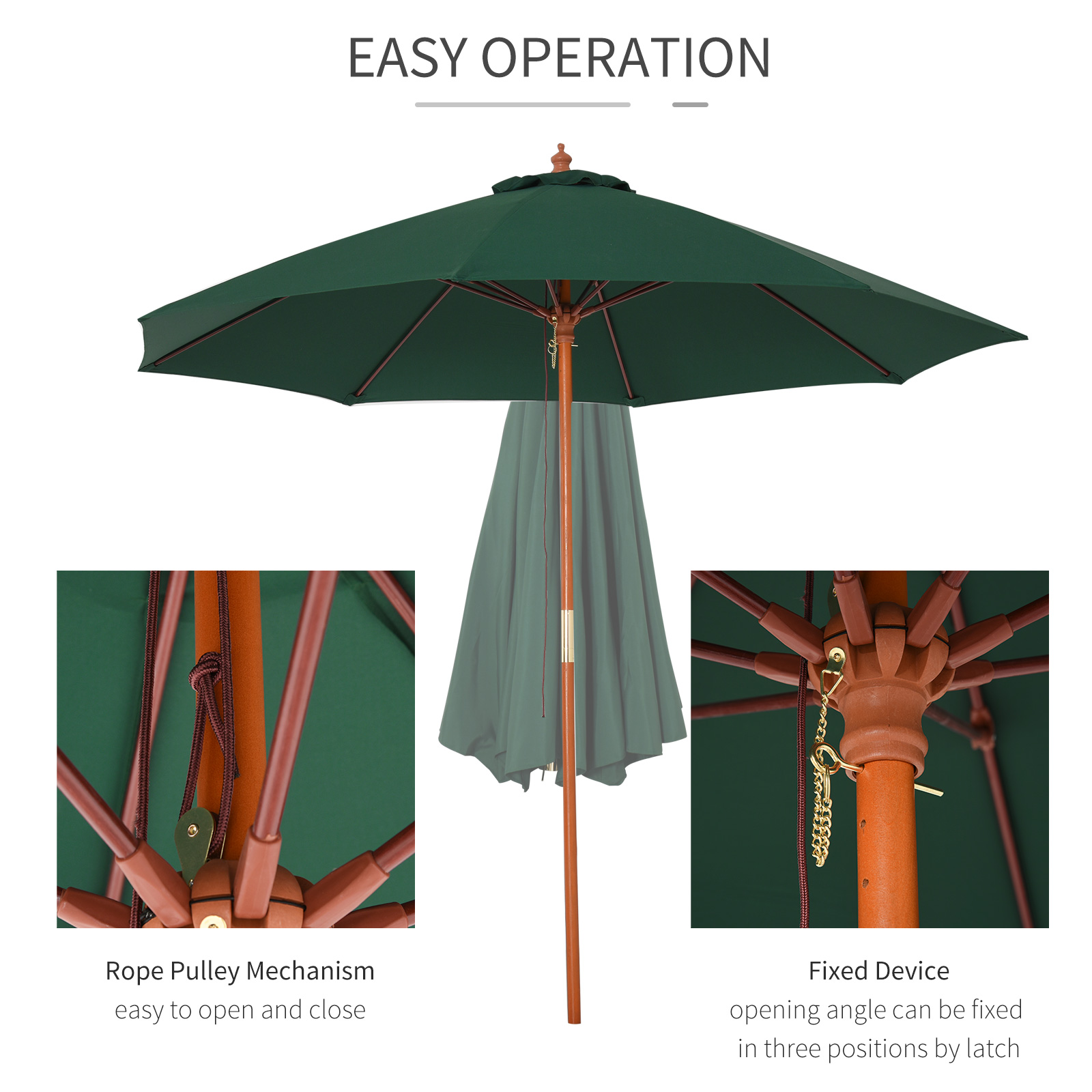 Outsunny 2.5m Wood Parasol Garden Sun Shade Patio Outdoor Market Umbrella Canopy with Top Vent, Green