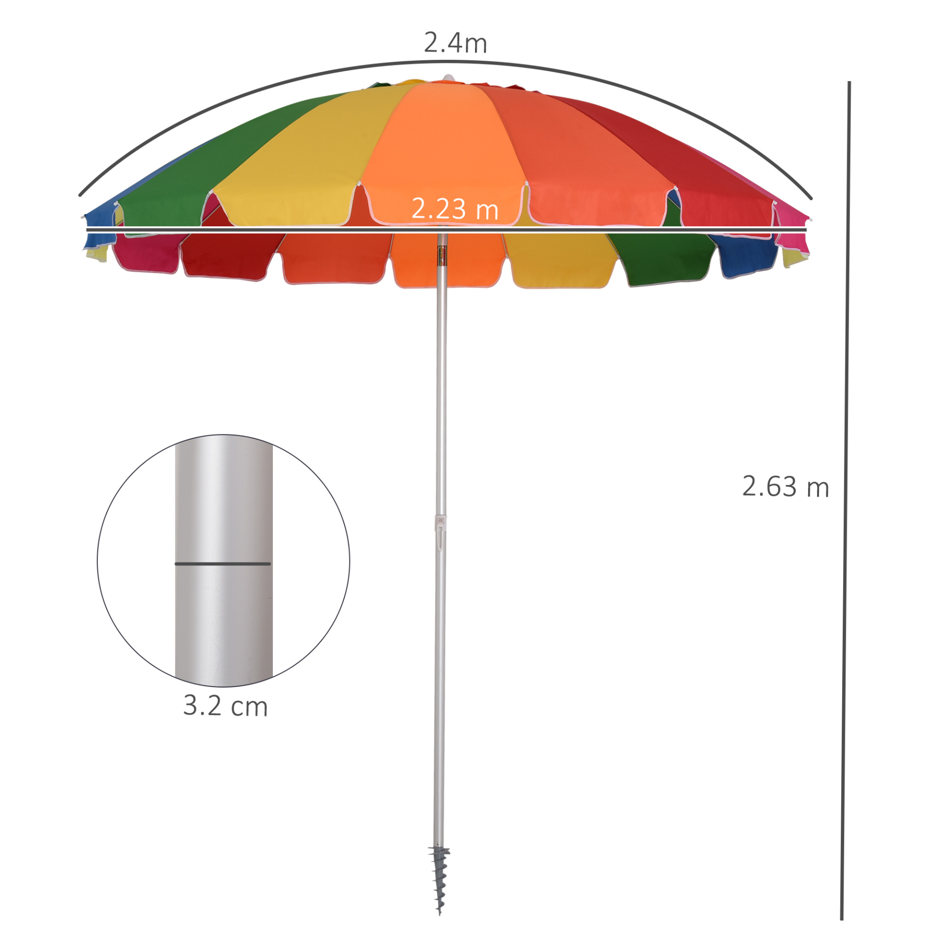 Outsunny Arc. 2.4m Beach Umbrella with Sand Anchor Adjustable Tilt Carry Bag for Outdoor Patio Multicolour