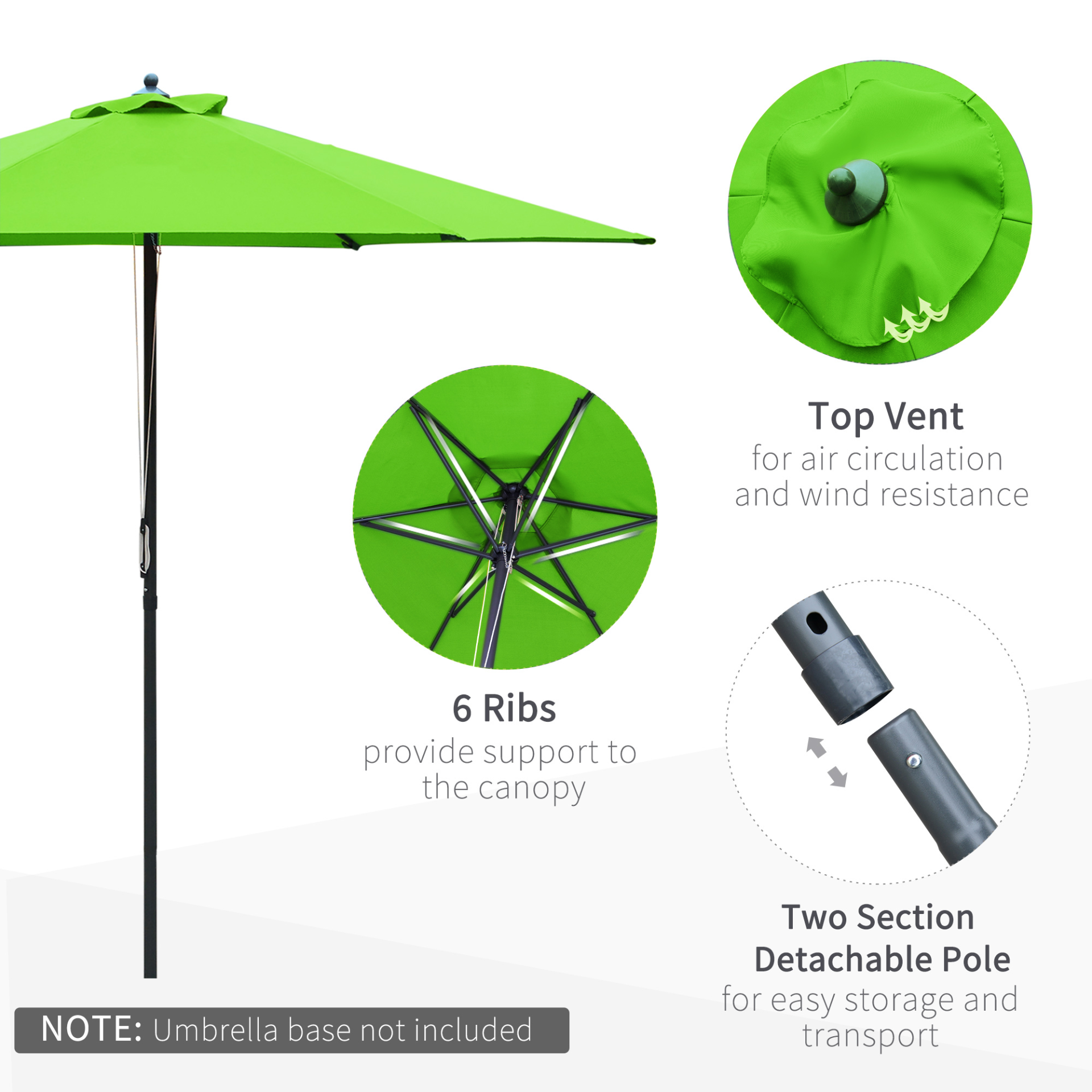 Outsunny 2.8m Patio Parasols Umbrellas Outdoor 6 Ribs Sunshade Canopy Manual Push Garden Backyard Furniture, Green