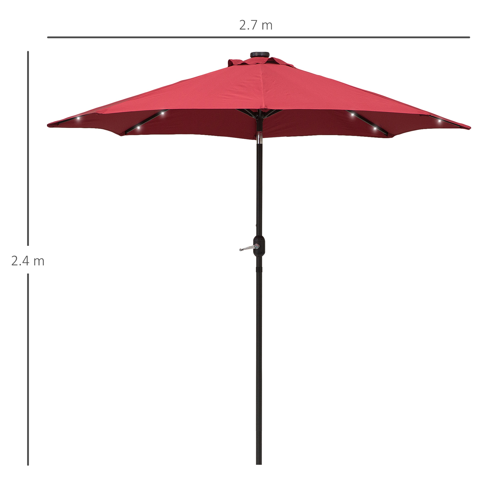 Outsunny 2.7m Patio Garden Umbrella Outdoor Parasol with Tilt Crank and 24 LEDs Lights (Red)
