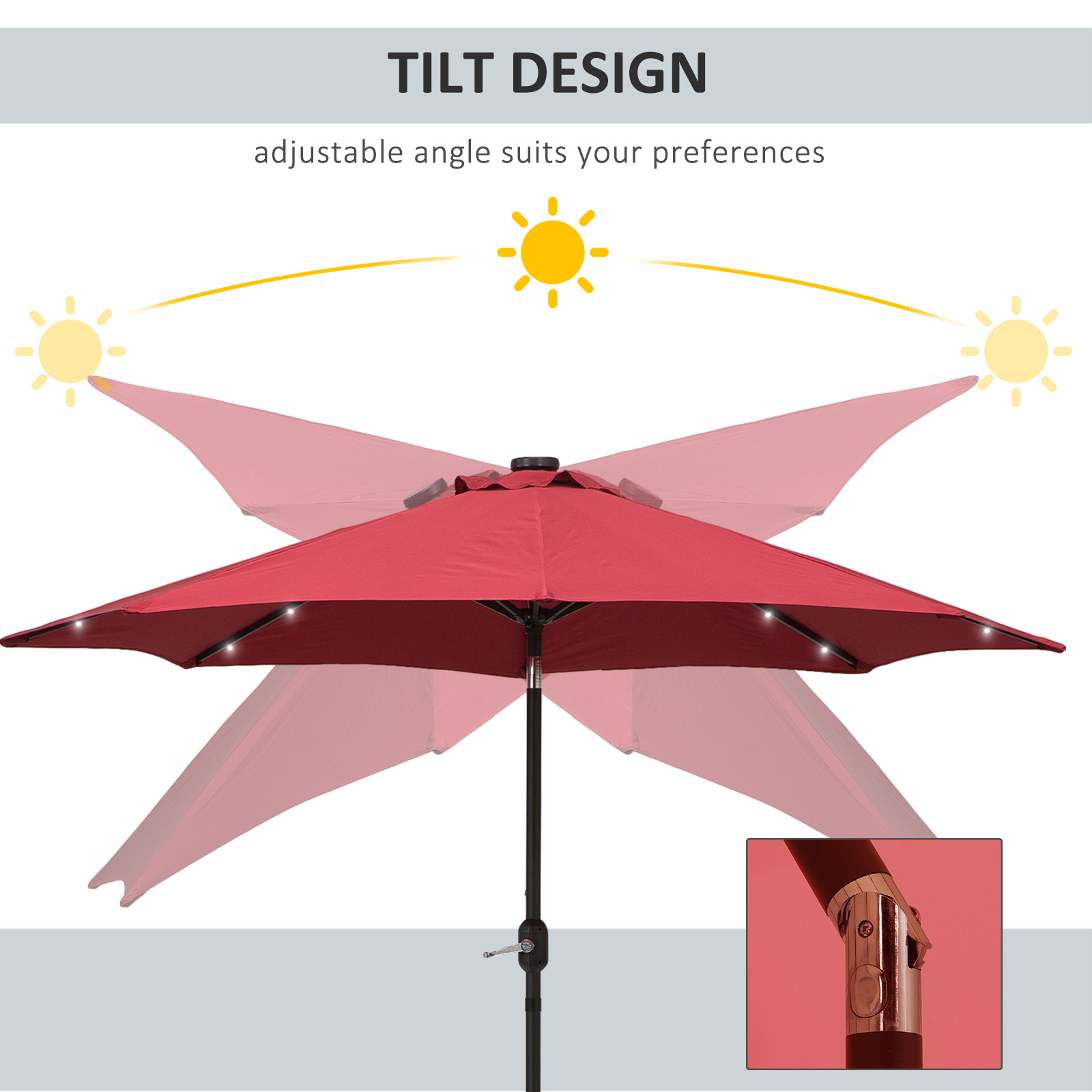 Outsunny 2.7m Patio Garden Umbrella Outdoor Parasol with Tilt Crank and 24 LEDs Lights (Red)