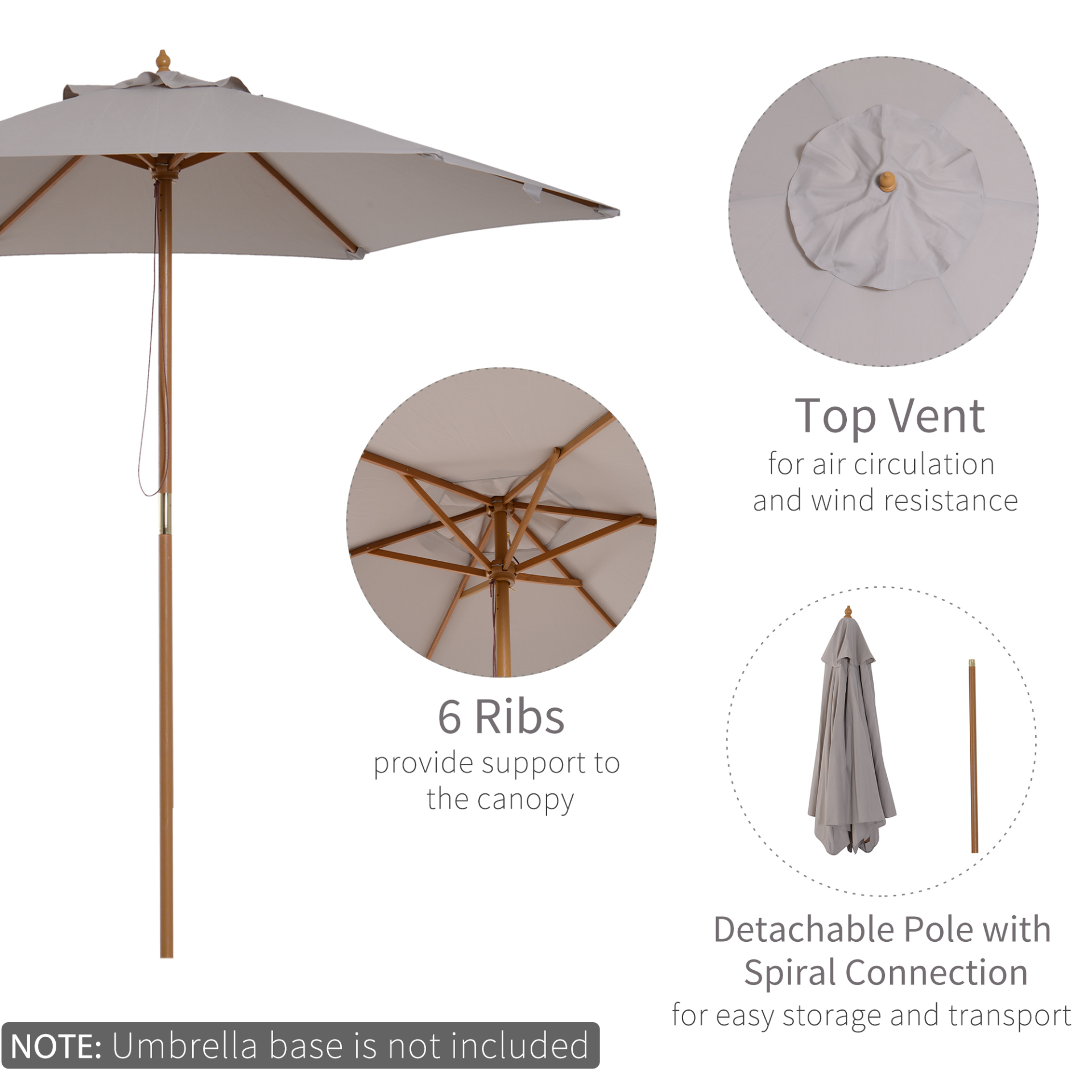 Outsunny 2.5m Wood Garden Parasol Sun Shade Patio Outdoor Wooden Umbrella Canopy Grey