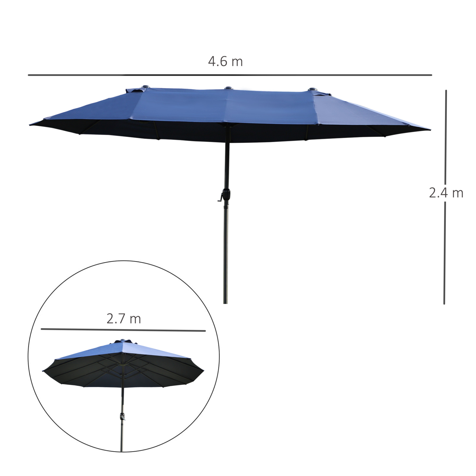 Outsunny 4.6m Garden Parasol Double-Sided Sun Umbrella Patio Market Shelter Canopy Shade Outdoor Blue - NO BASE