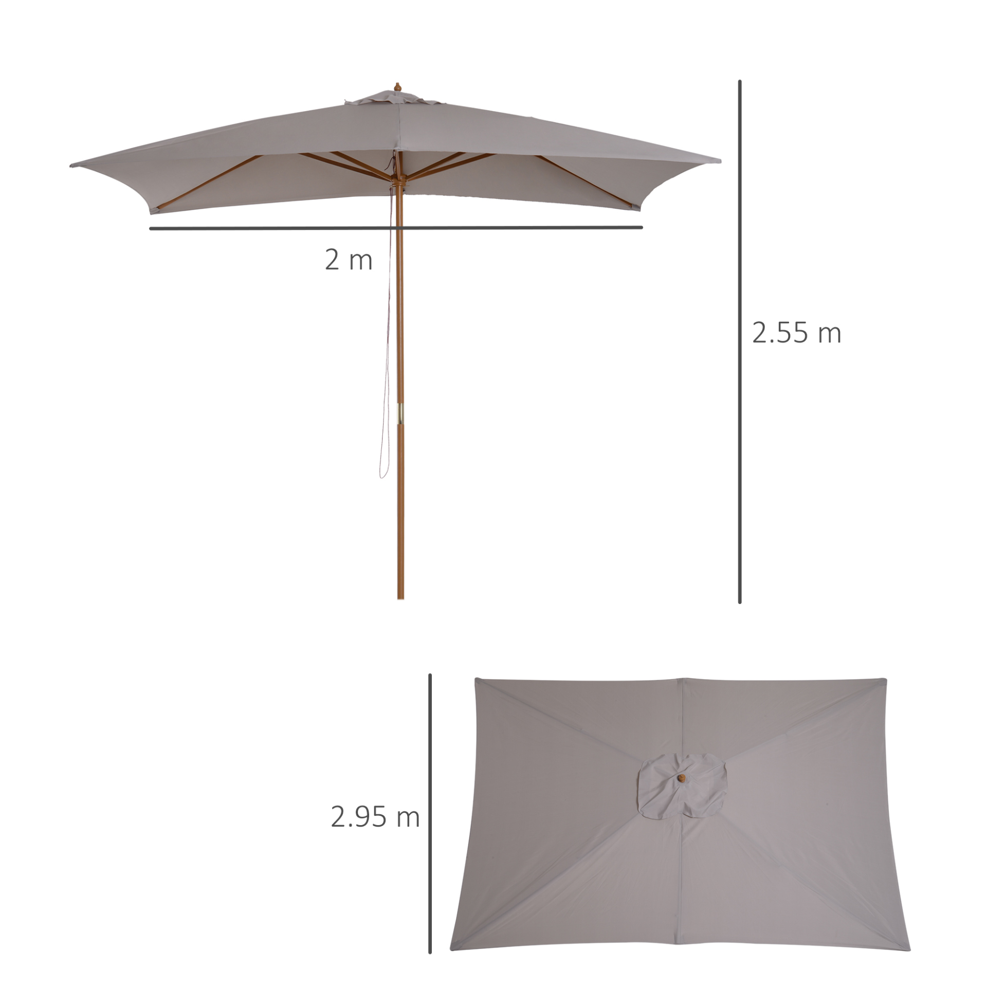 Outsunny 2 x 3m Wooden Parasol Garden Umbrellas Sun Shade Patio Outdoor Umbrella Canopy Light Grey