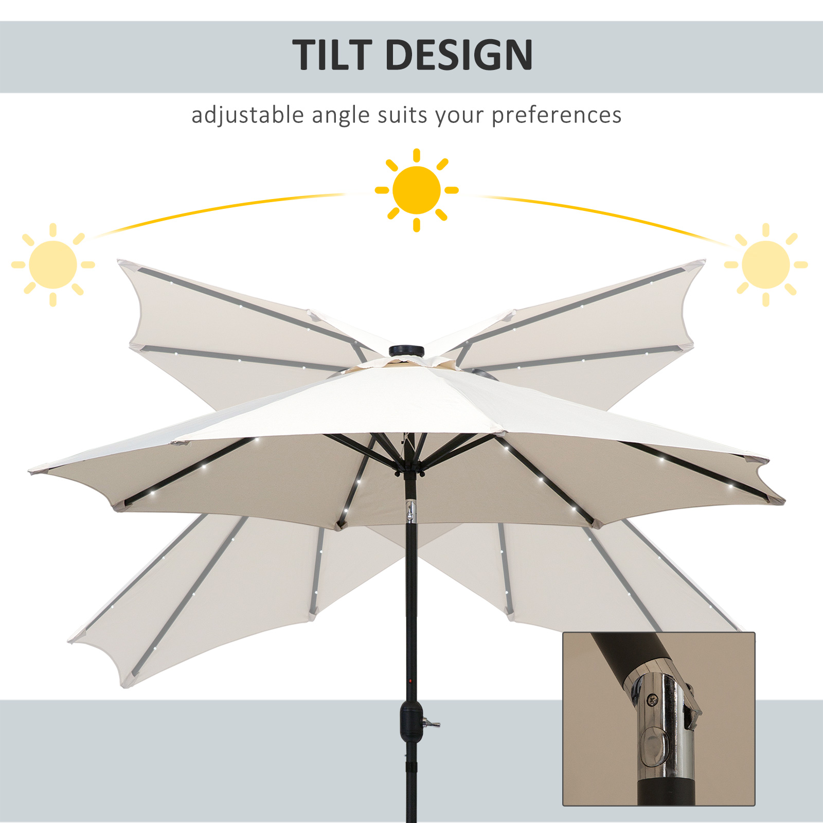 Outsunny 2.7m Patio Garden Umbrella Outdoor Parasol with Tilt Crank and 24 LEDs Lights (Cream)