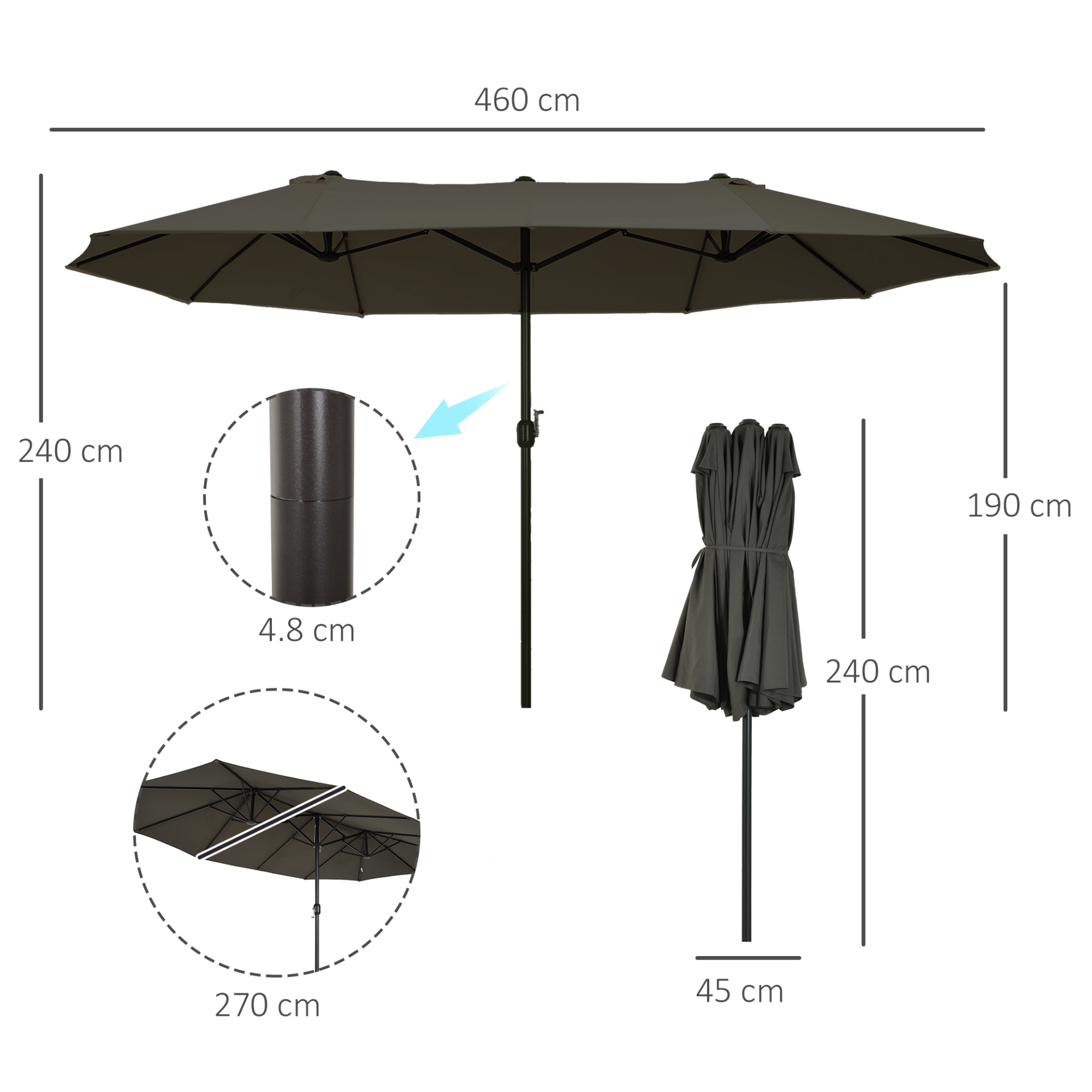 Outsunny 4.6m Garden Parasol Double-Sided Sun Umbrella Patio Market Shelter Canopy Shade Outdoor Grey - NO BASE