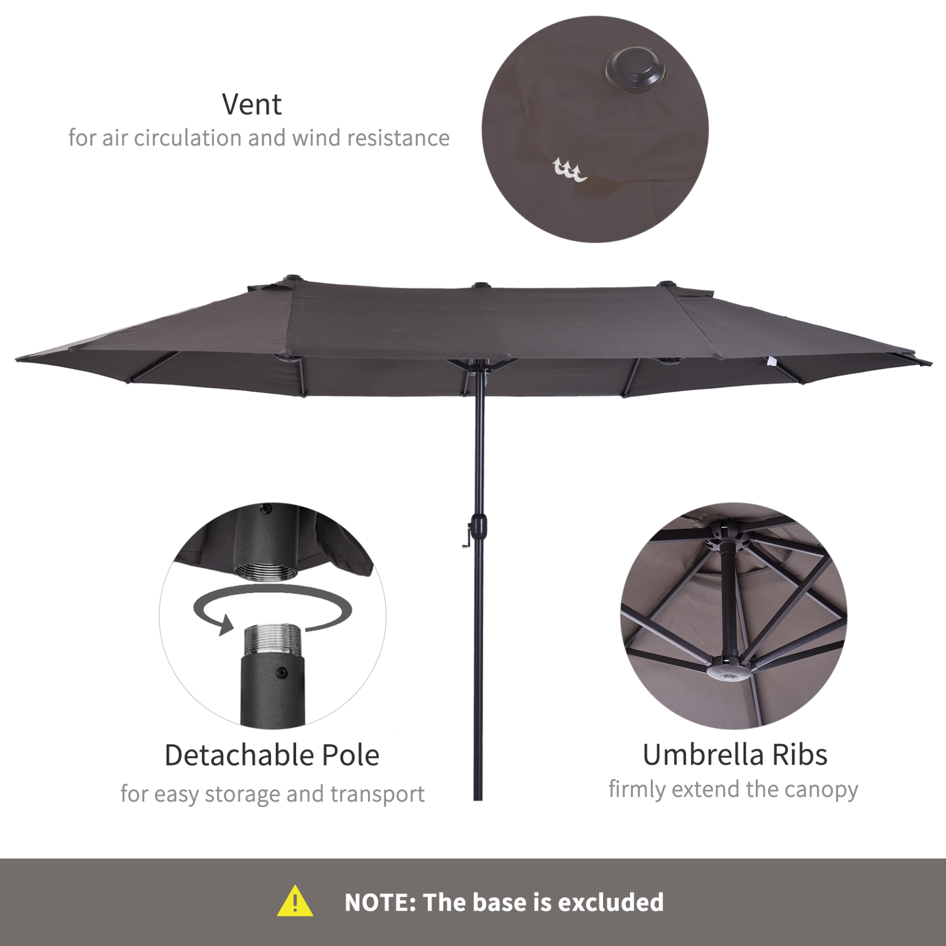 Outsunny 4.6m Garden Parasol Double-Sided Sun Umbrella Patio Market Shelter Canopy Shade Outdoor Grey - NO BASE